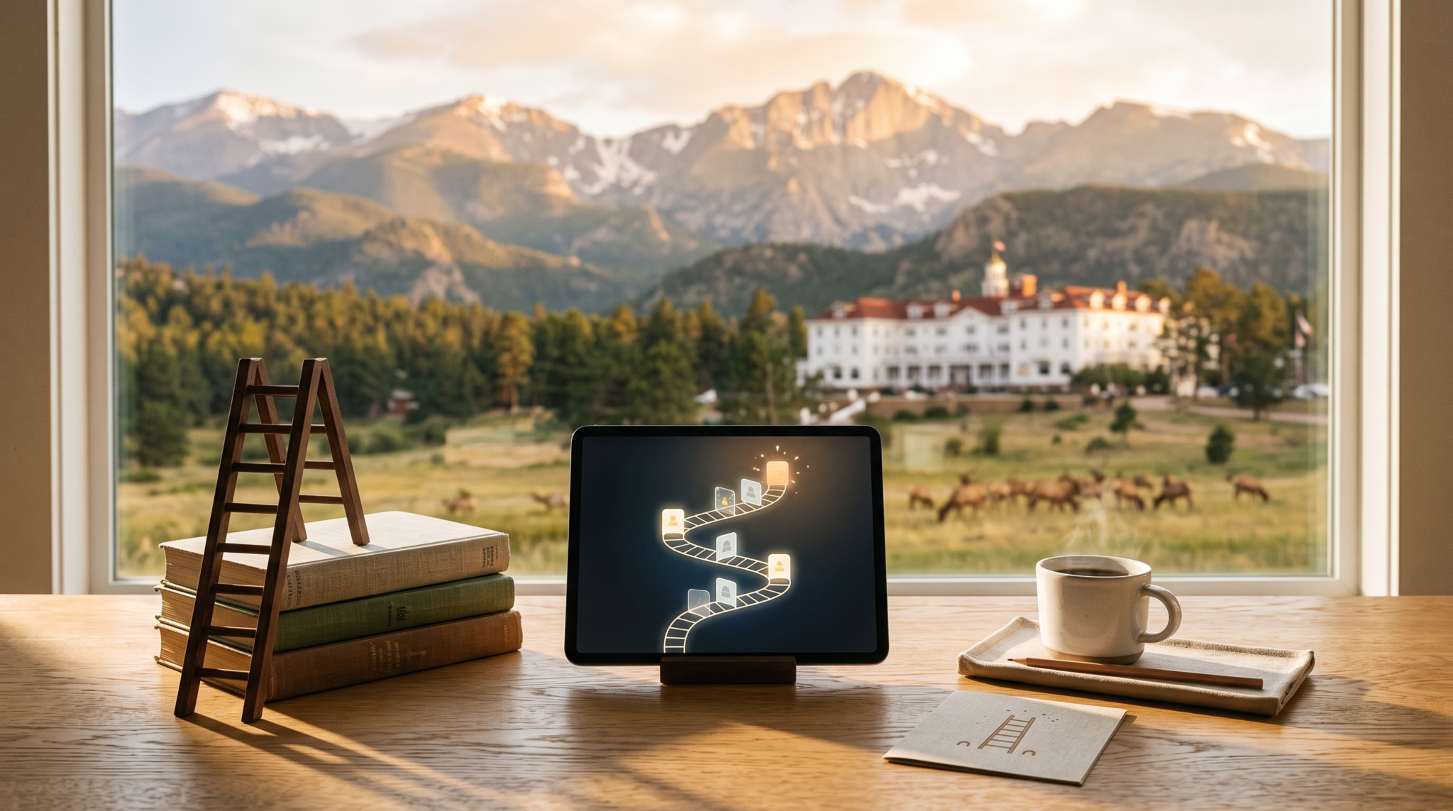 AI consulting upsell ladder workspace with small wooden ladder and alpine gateway meadow town view