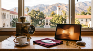 AI consulting webinar funnel workspace with brass magic lantern and college consortium town view