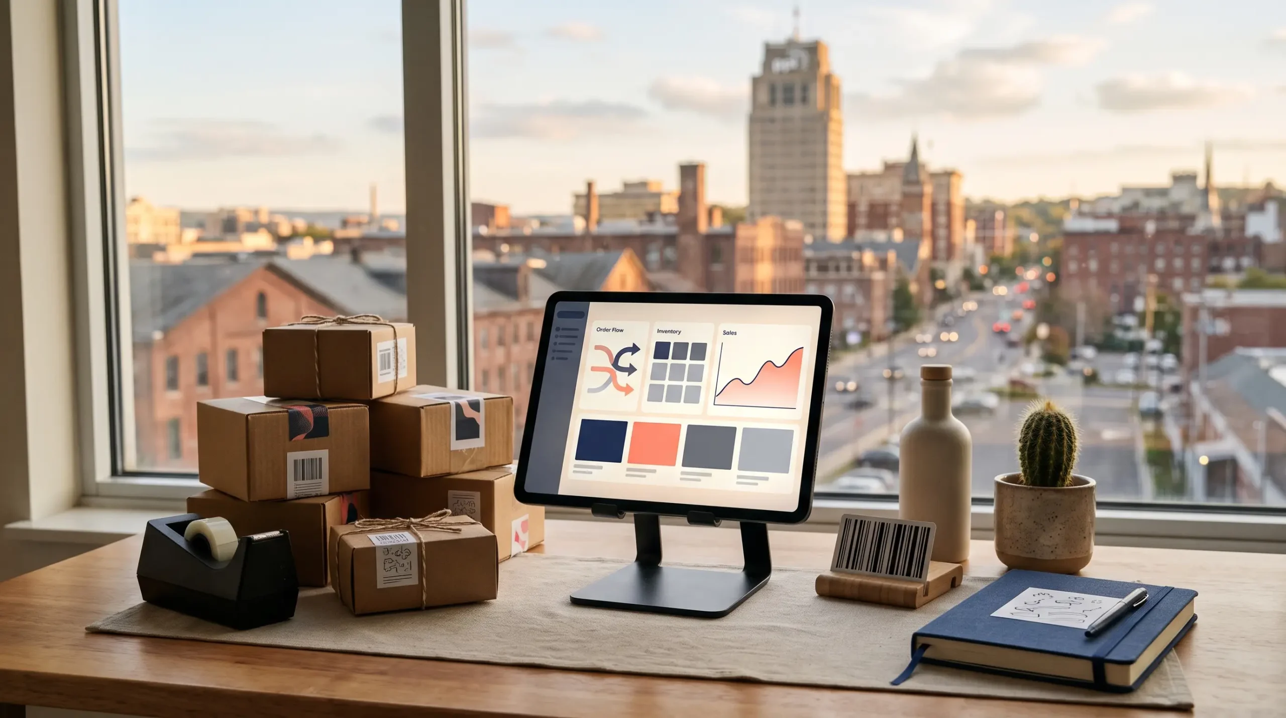 amazon and shopify store management workspace with tablet storefront dashboard and Allentown Pennsylvania skyline