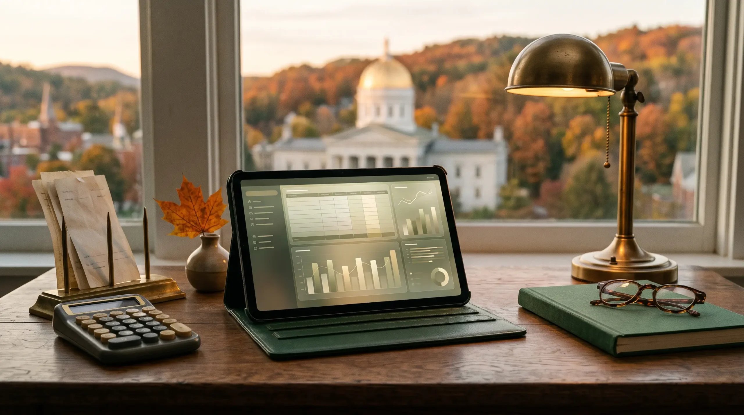 bookkeeping in 2027 financial support workspace with tablet ledger interface and Montpelier Vermont skyline