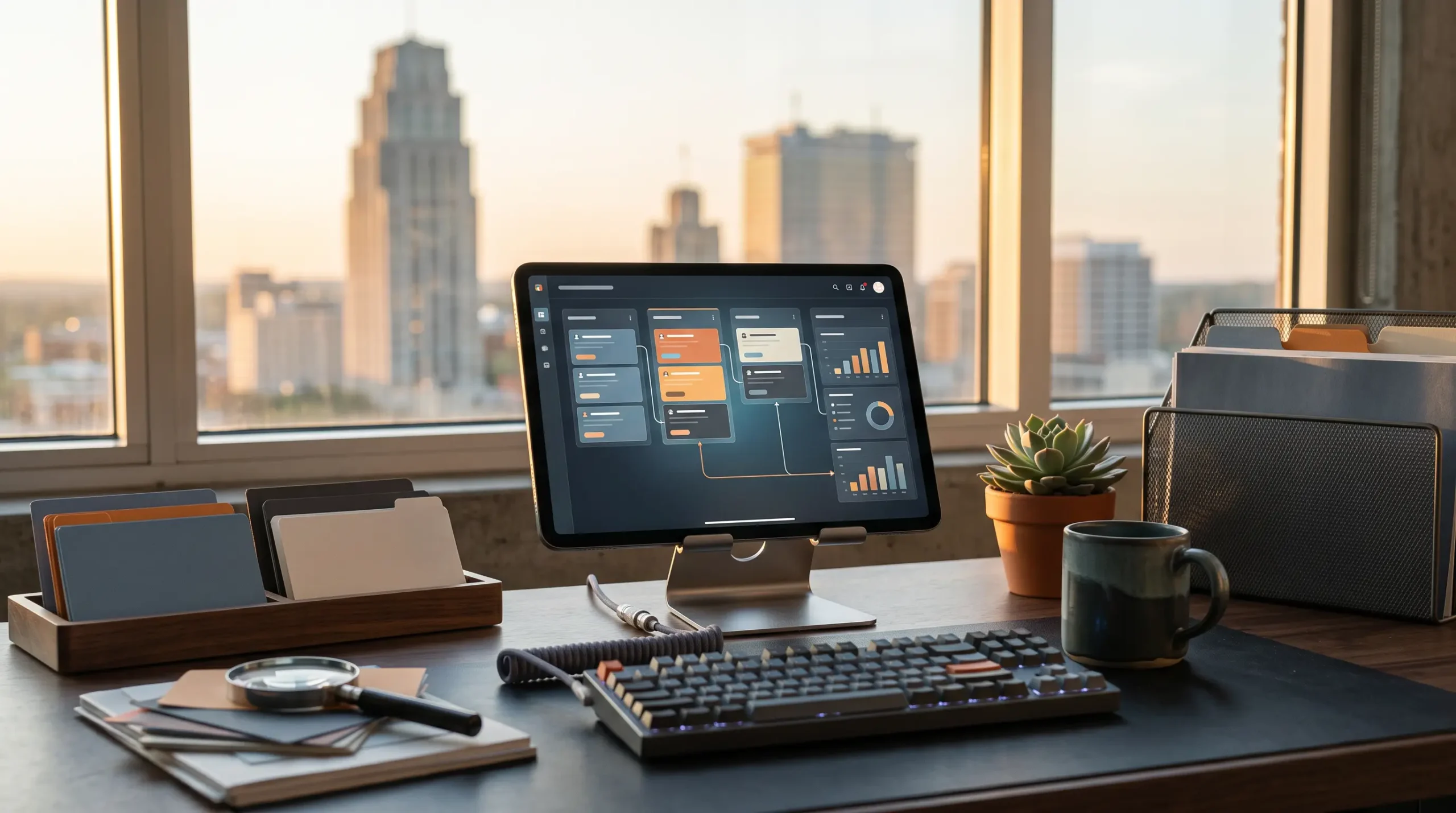 crm management the unsexy skill every business pays for workspace with tablet pipeline interface and Winston-Salem North Carolina skyline