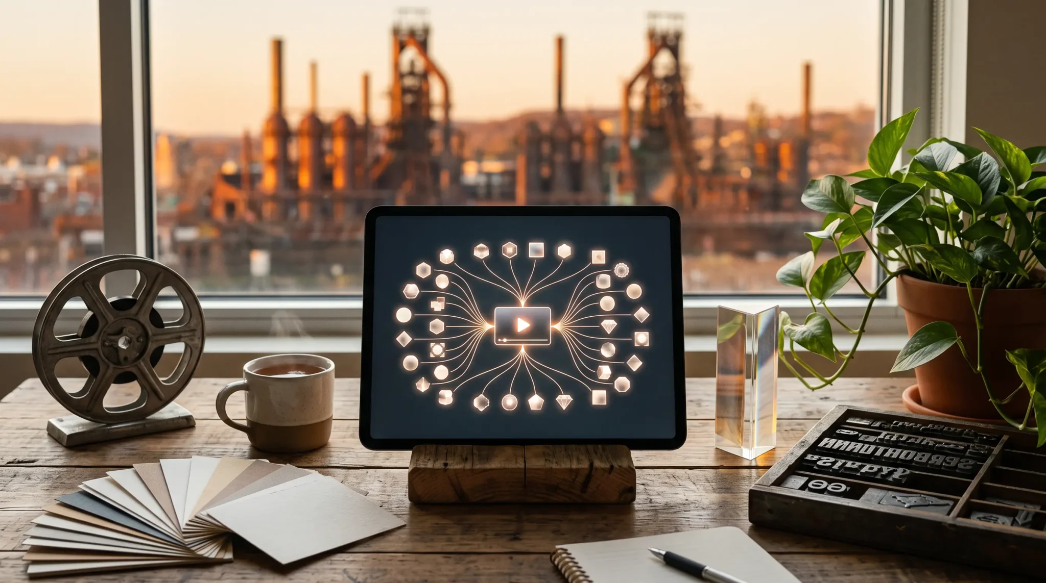 content repurposing workspace with tablet asset-map interface and Bethlehem Pennsylvania steel-stacks skyline
