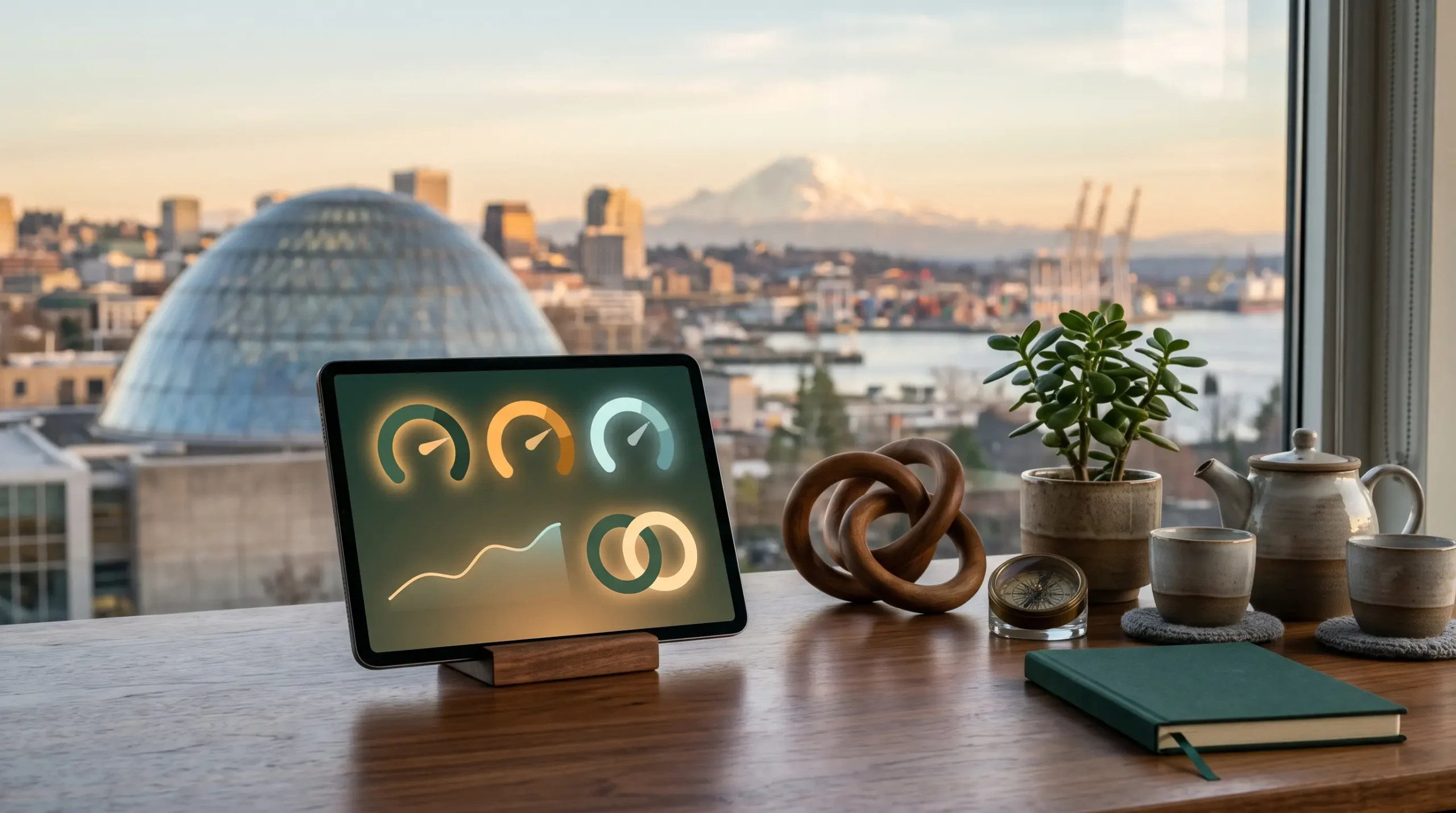 customer success support workspace with tablet health-score interface and Tacoma Washington waterfront skyline