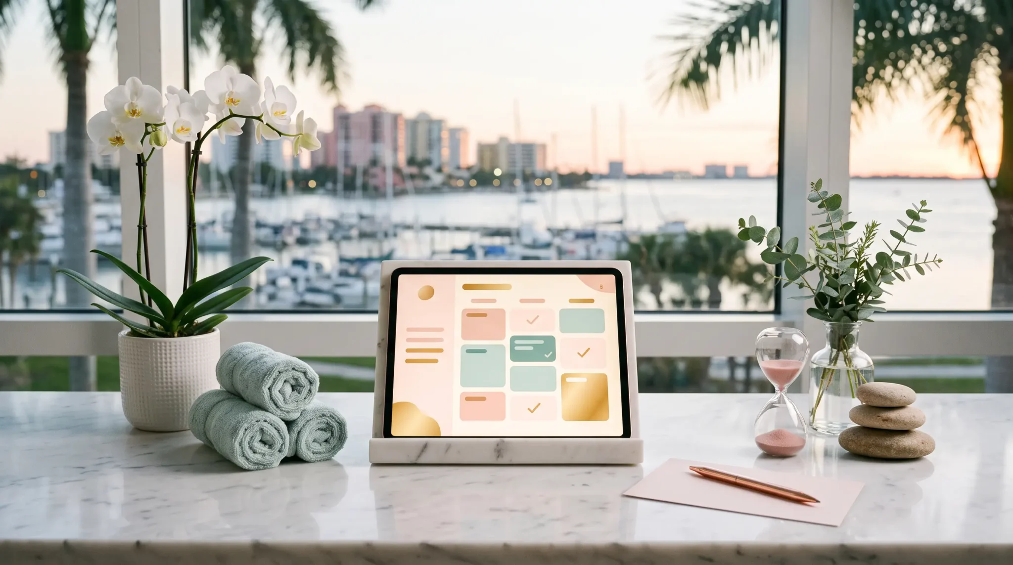 dental and med spa front office workspace with tablet scheduling interface and Sarasota Florida waterfront skyline