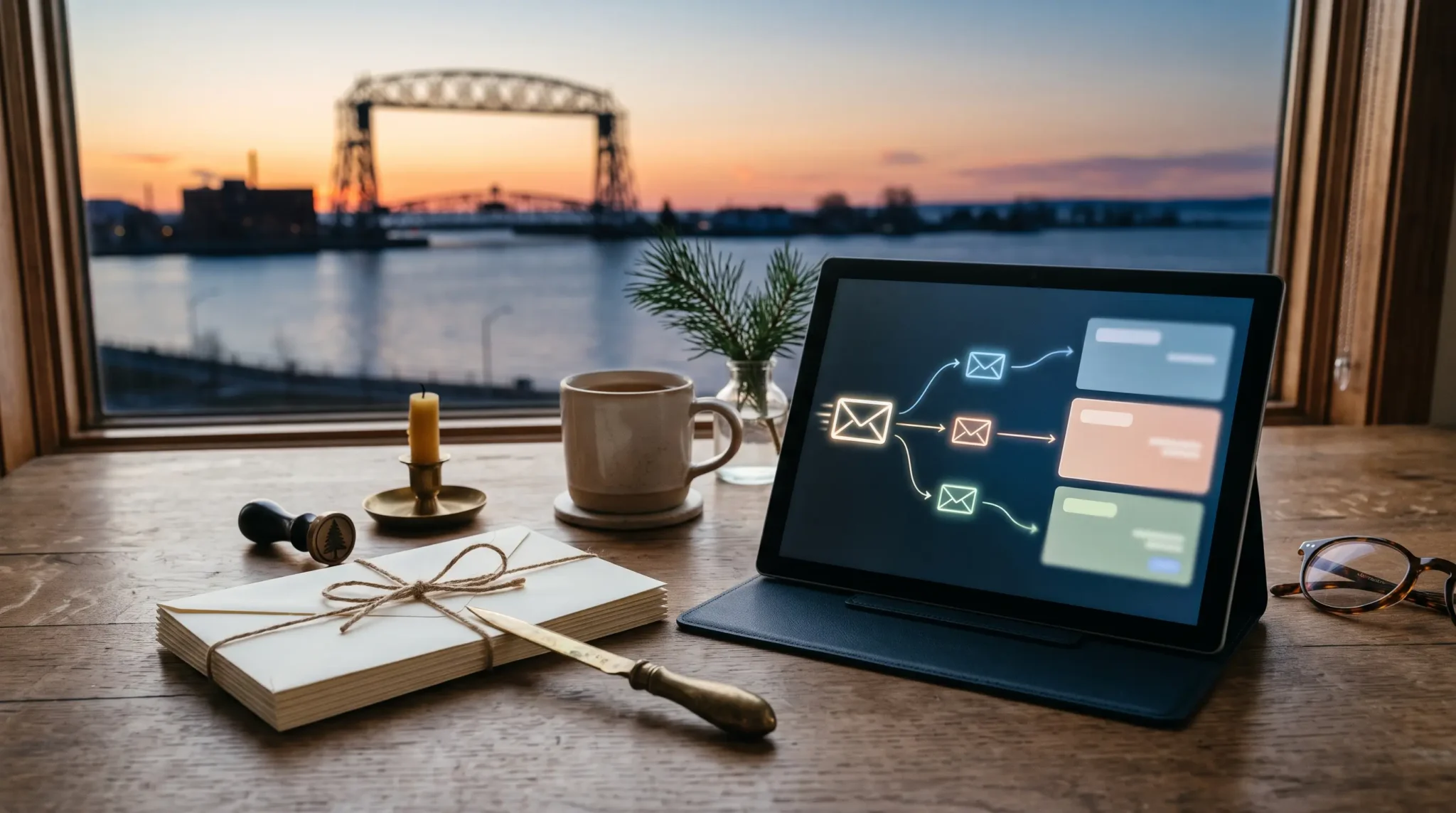 email marketing management workspace with tablet inbox-flow interface and Duluth Minnesota lakefront skyline