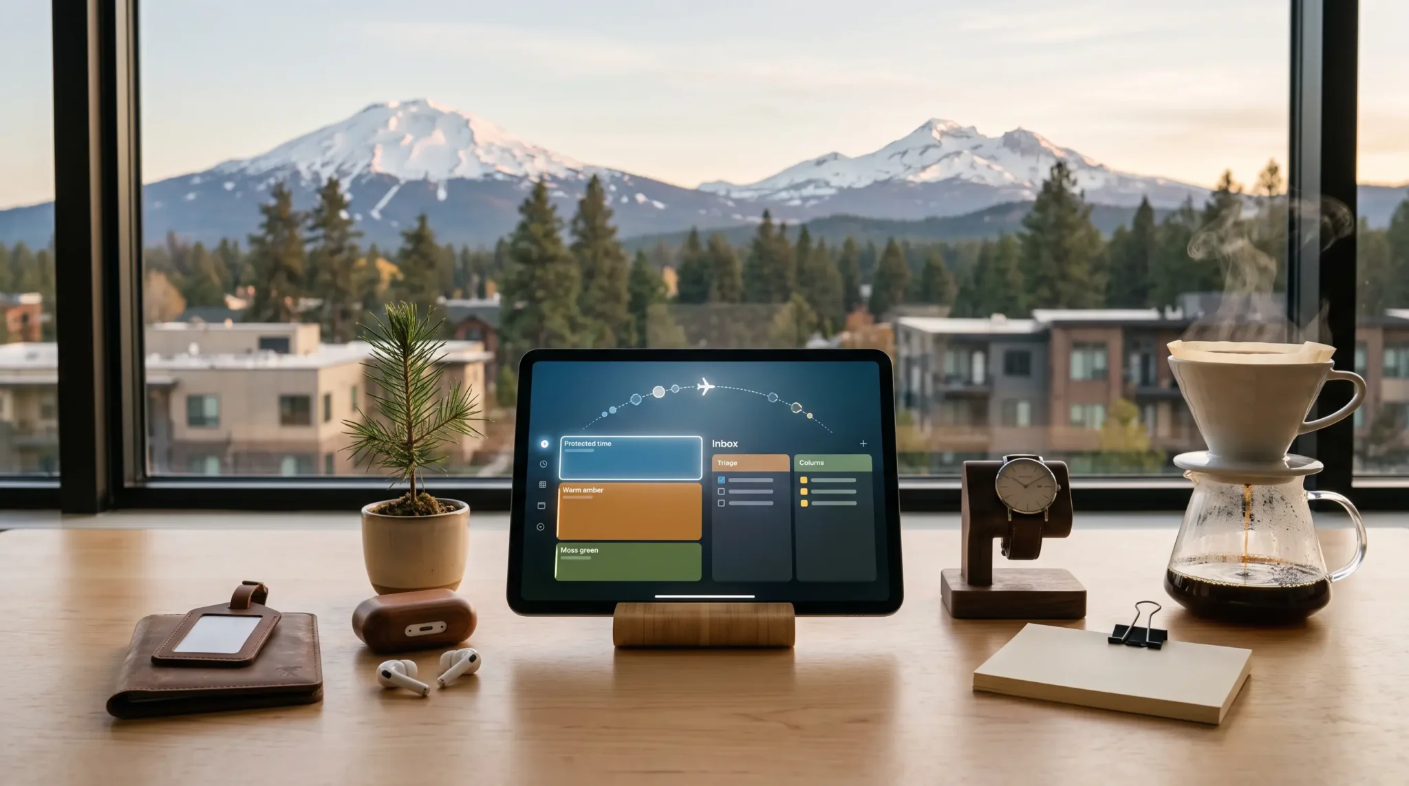 executive support for startups workspace with tablet priority-calendar interface and Bend Oregon mountain skyline