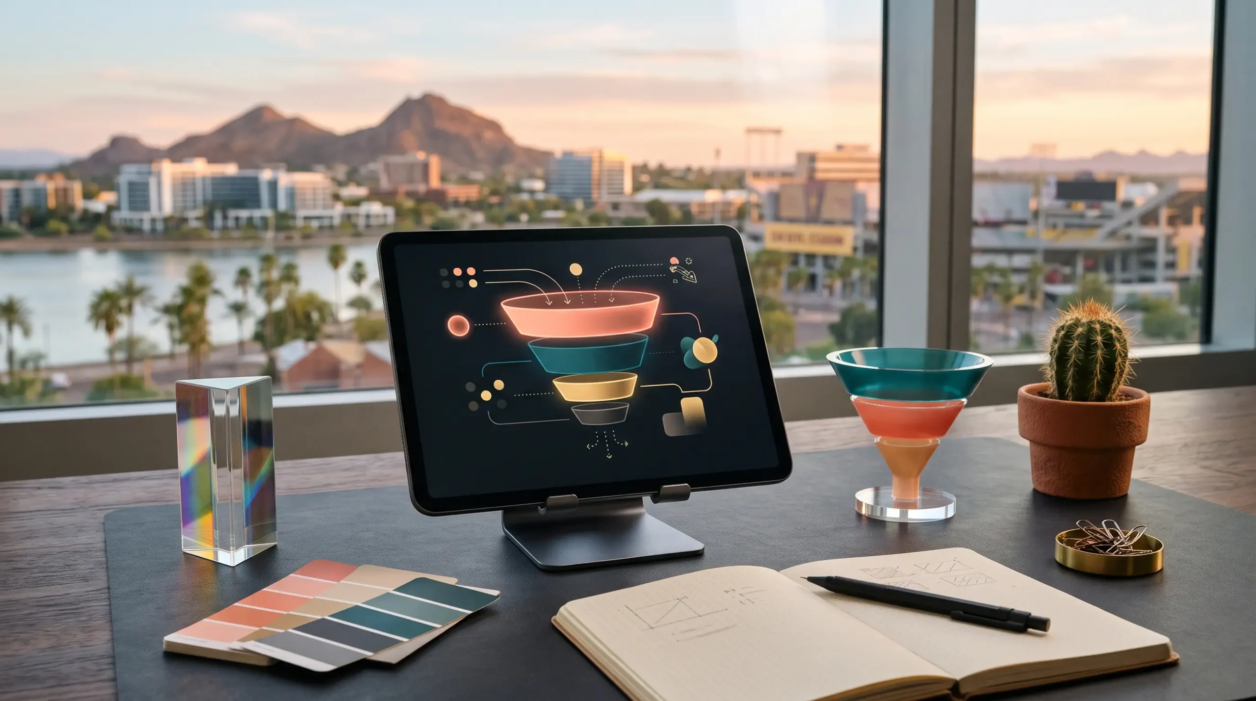funnel building workspace with tablet conversion-path interface and Tempe Arizona skyline