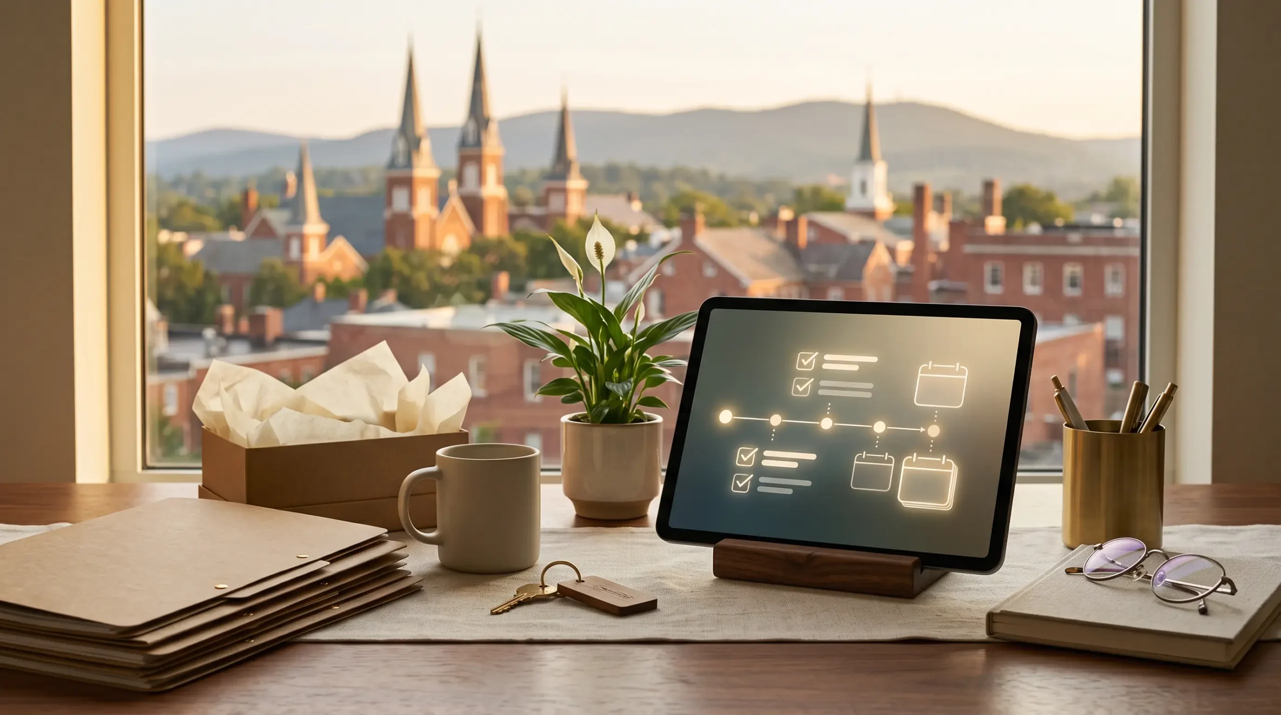 hr and people ops support workspace with tablet onboarding-checklist interface and Frederick Maryland clustered-spires skyline