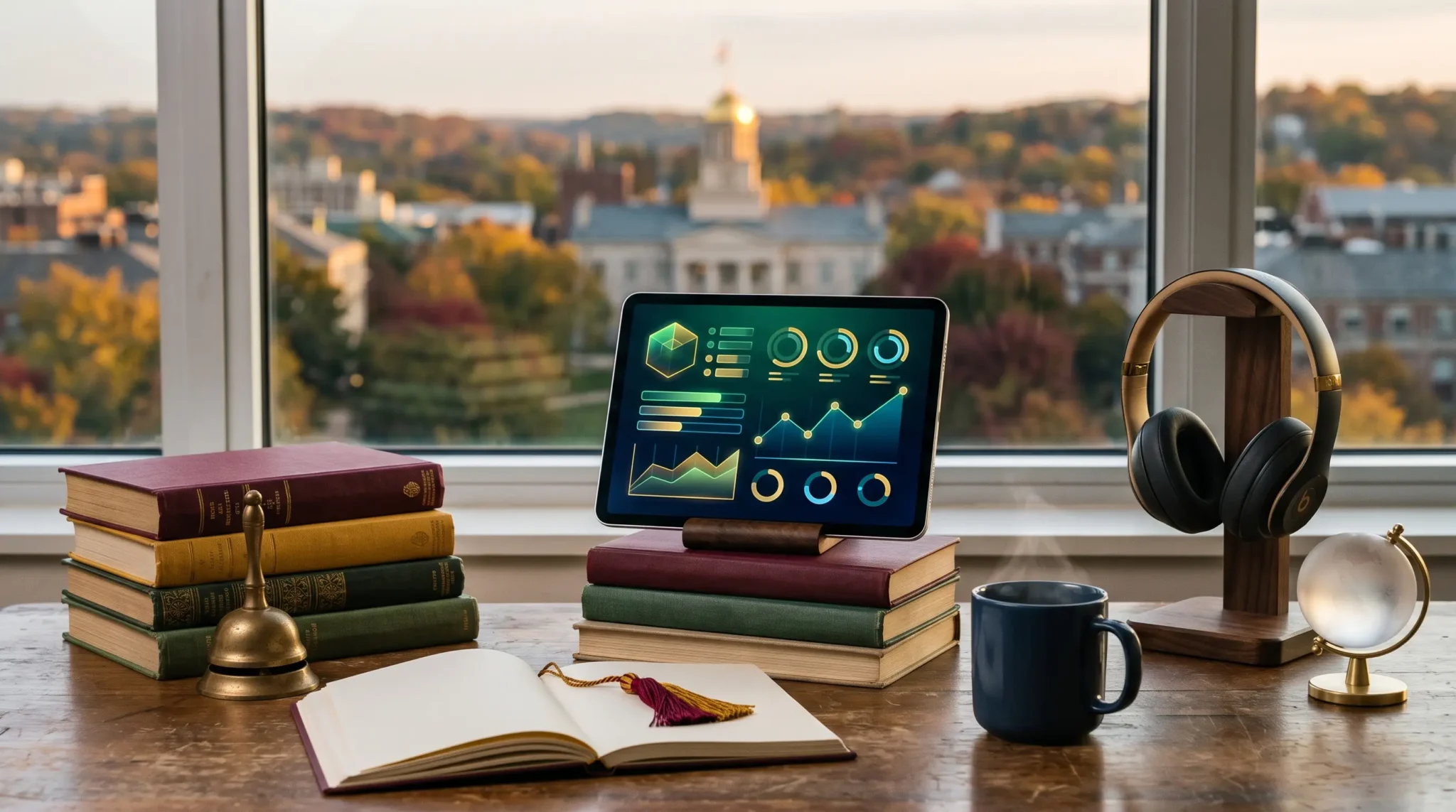 online course support workspace with tablet learning-module interface and Iowa City Iowa skyline