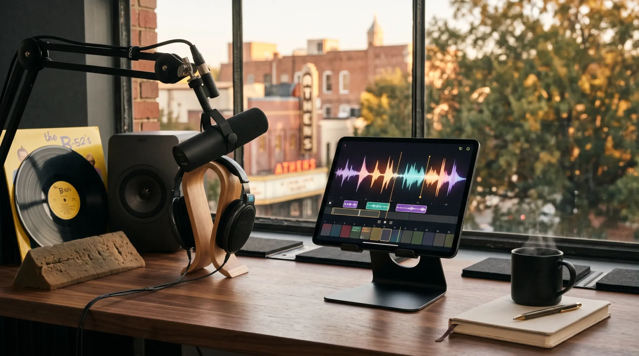 podcast production workspace with tablet waveform interface and Athens Georgia skyline
