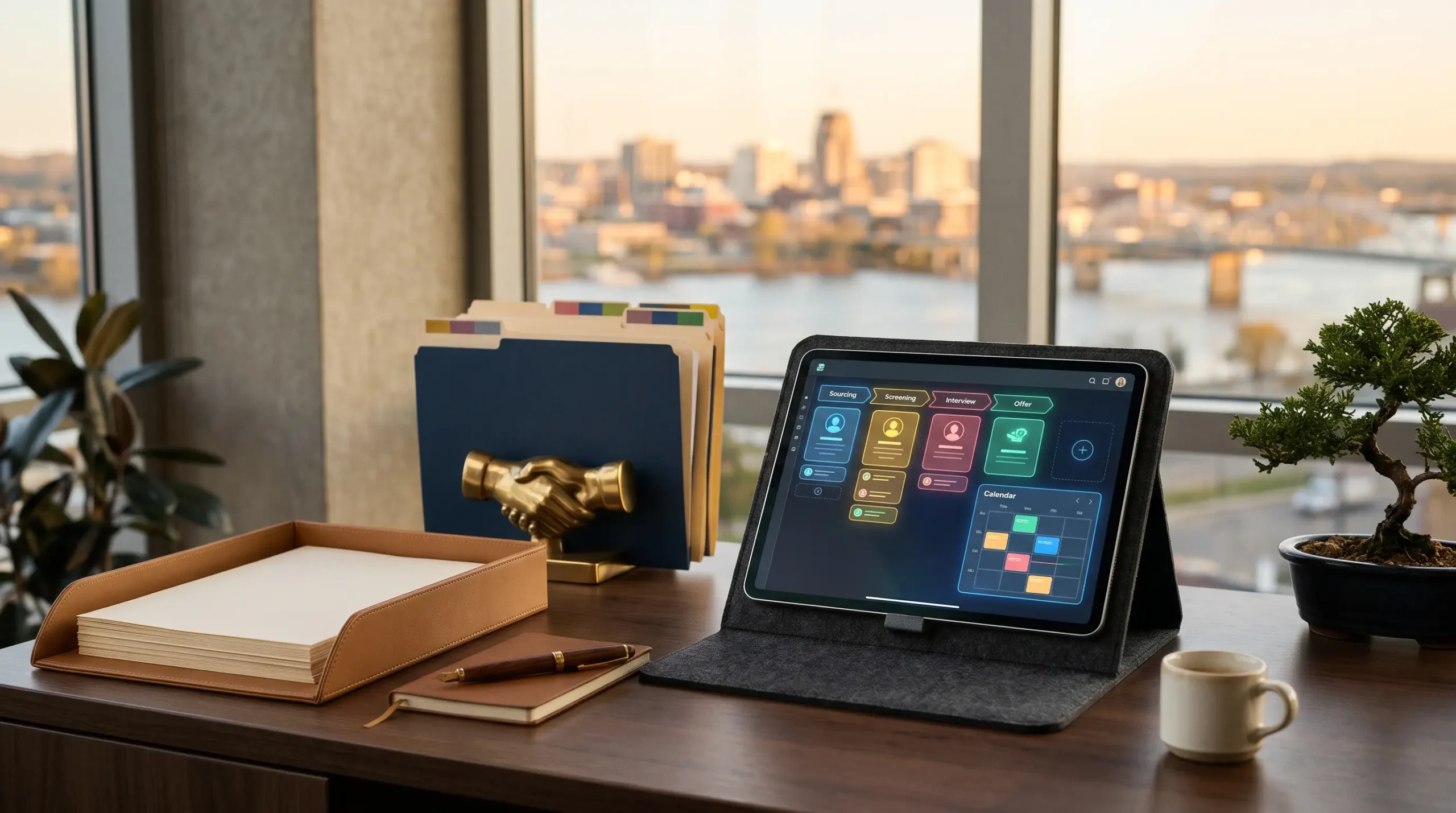 recruiting support workspace with tablet candidate-pipeline interface and Peoria Illinois riverfront skyline