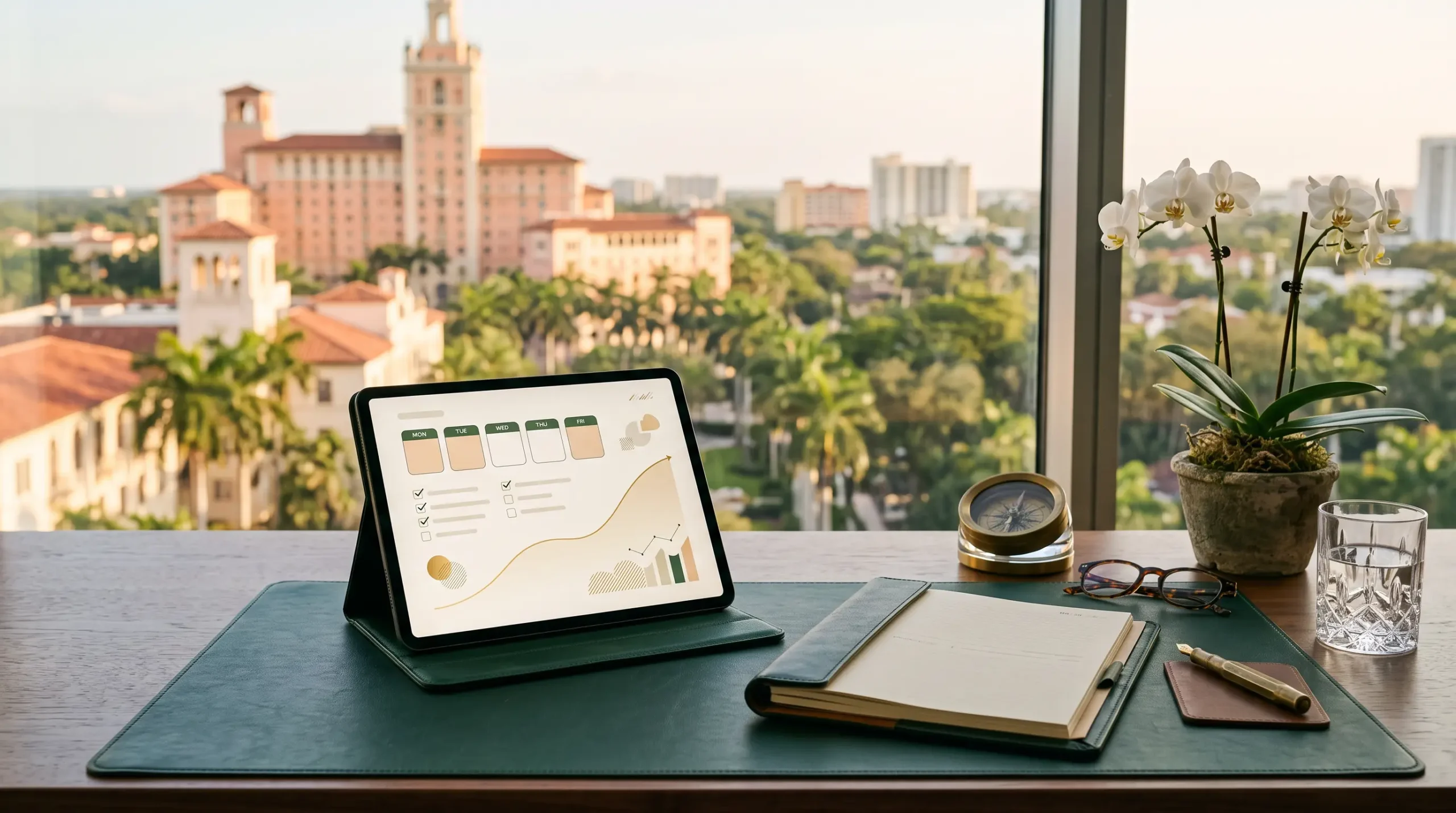financial advisor support niche workspace with tablet meeting-prep interface and Coral Gables Florida skyline