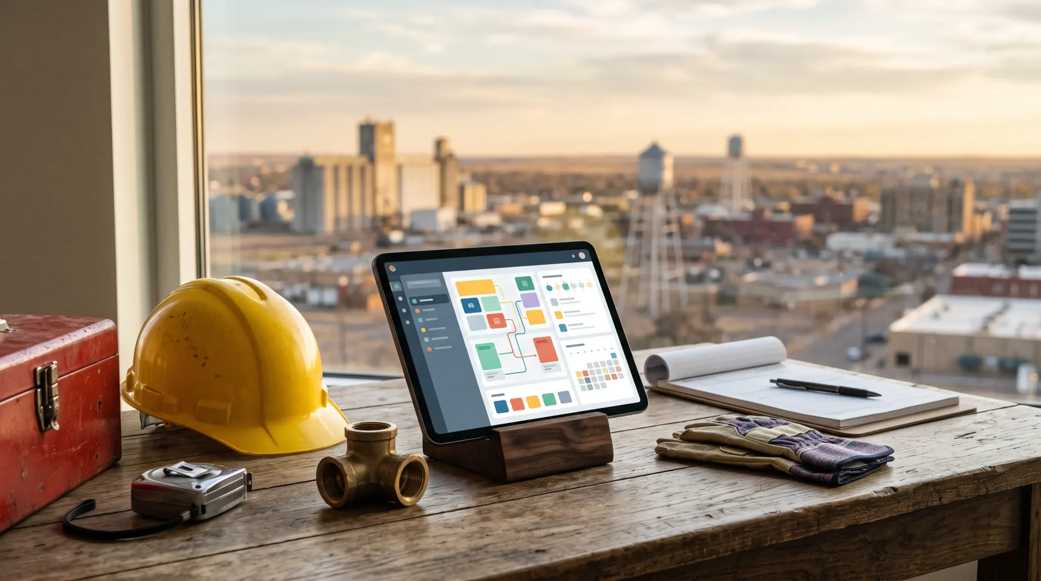 the home services niche workspace with tablet dispatch interface and Amarillo Texas skyline