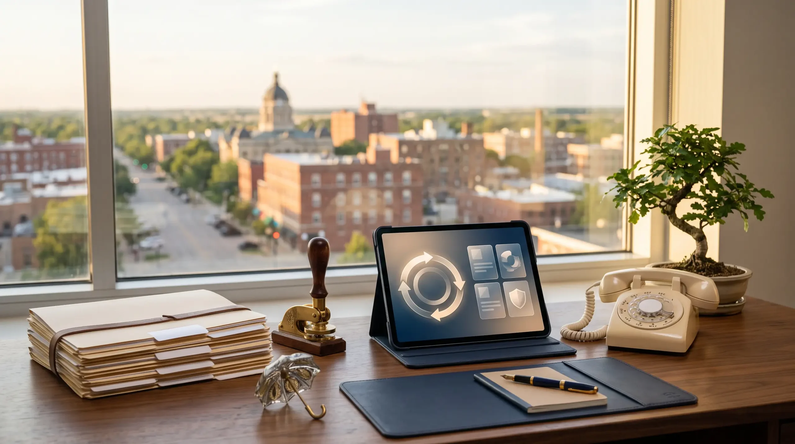 insurance agency support niche workspace with tablet renewal-calendar interface and Bloomington Illinois skyline