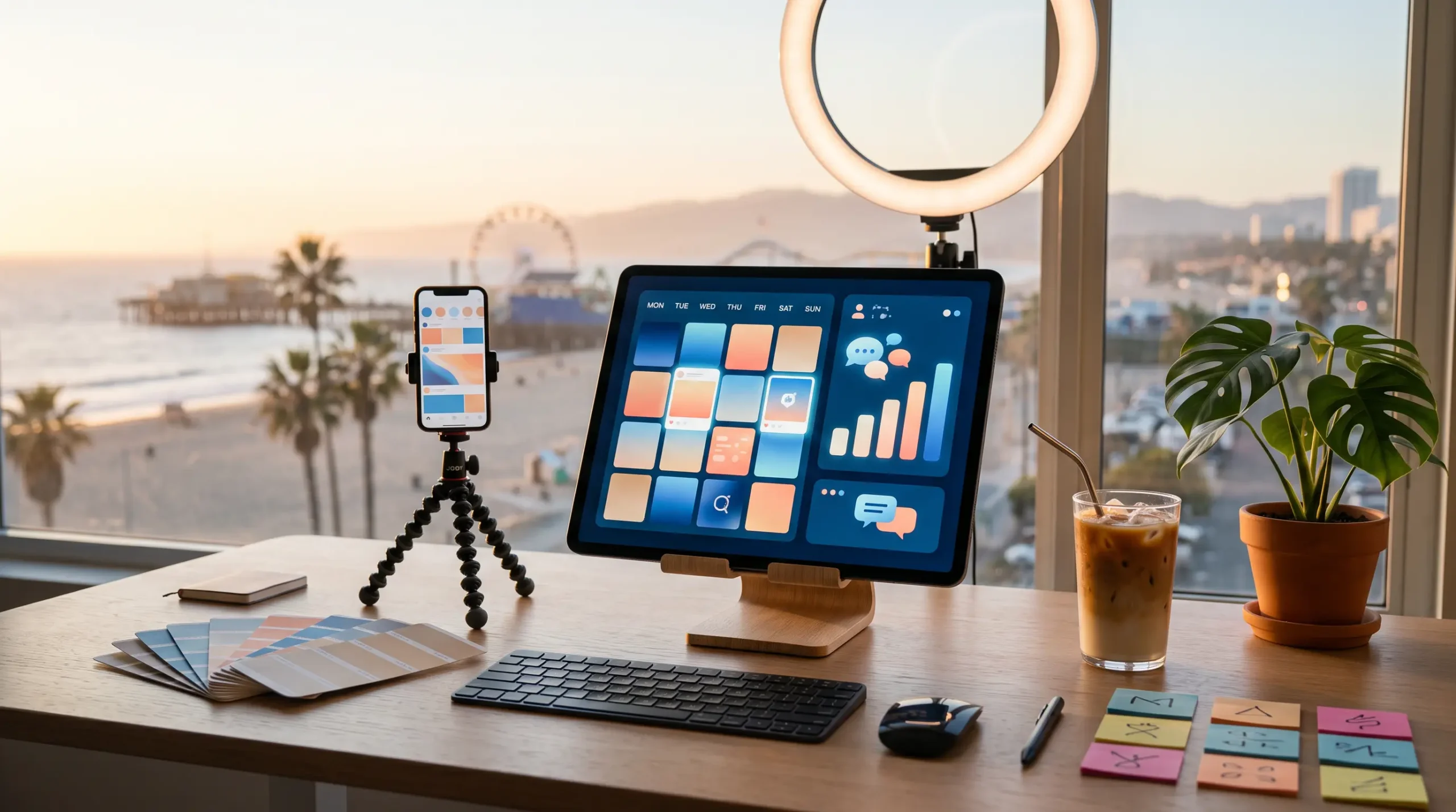 social media manager playbook workspace with tablet content-calendar interface and Santa Monica California coastal skyline