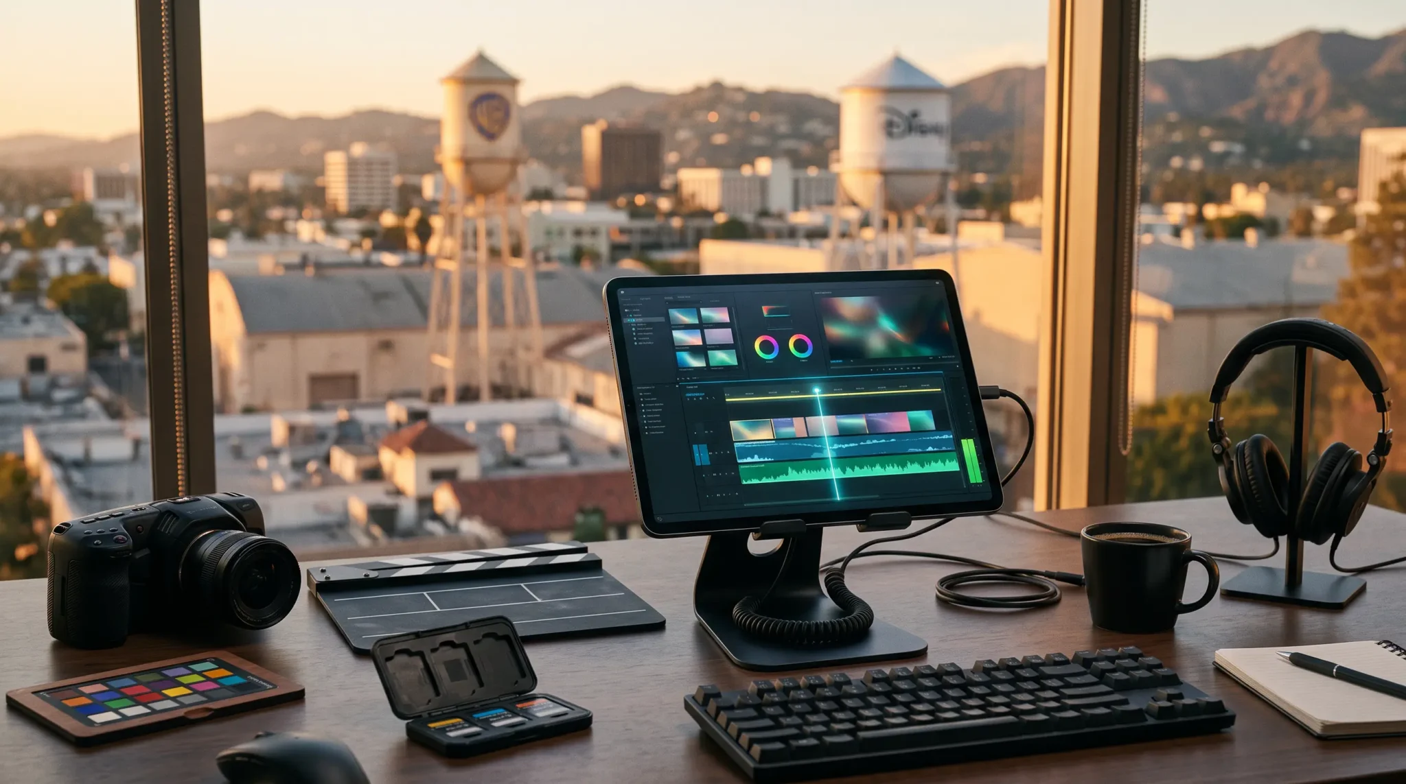 video editing for business workspace with tablet timeline interface and Burbank California media-district skyline