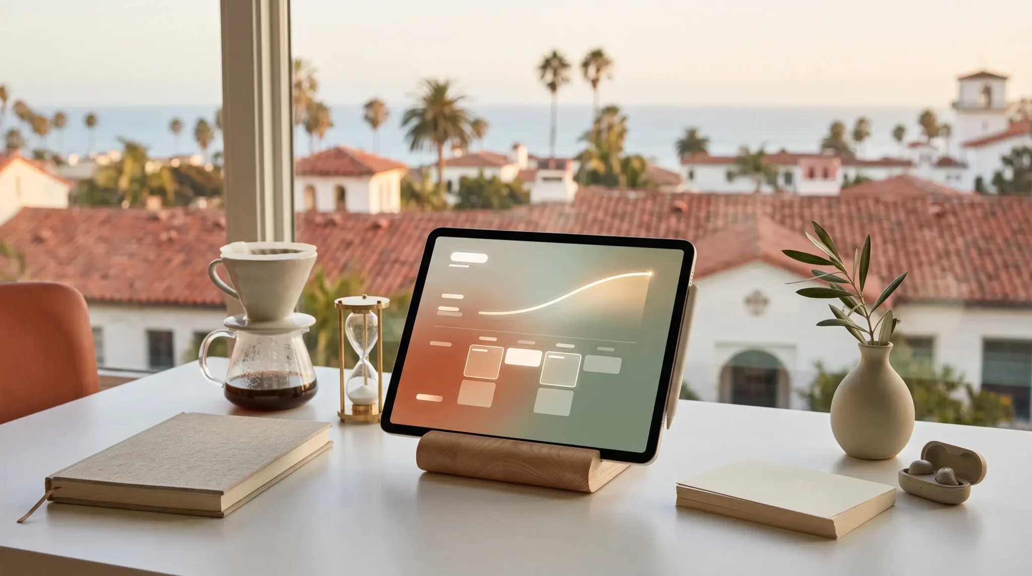 why coaches and consultants are the best clients in 2027 workspace with tablet calendar interface and Santa Barbara California skyline
