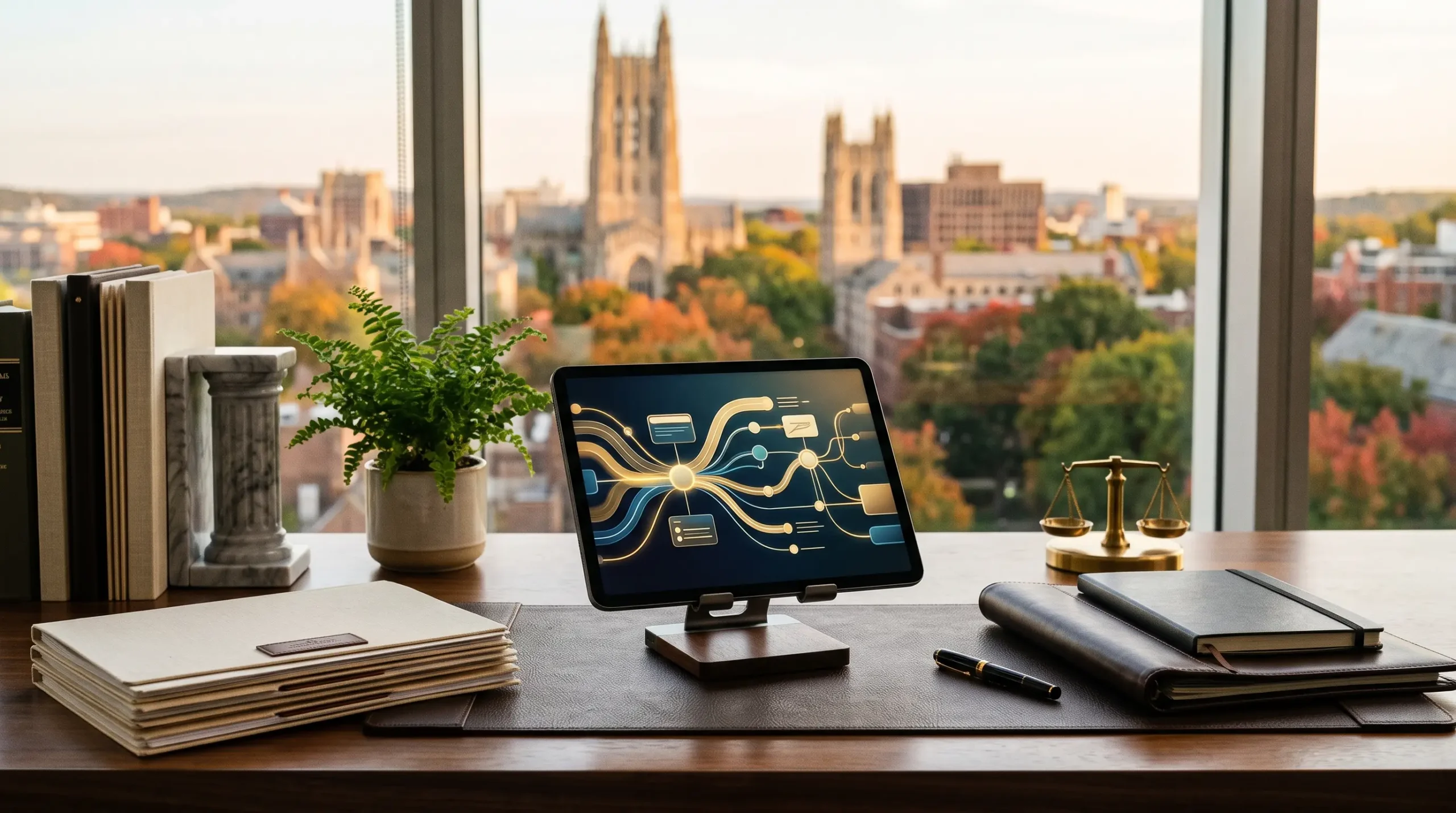 why law firms are outsourcing everything in 2027 workspace with tablet interface and New Haven Connecticut skyline