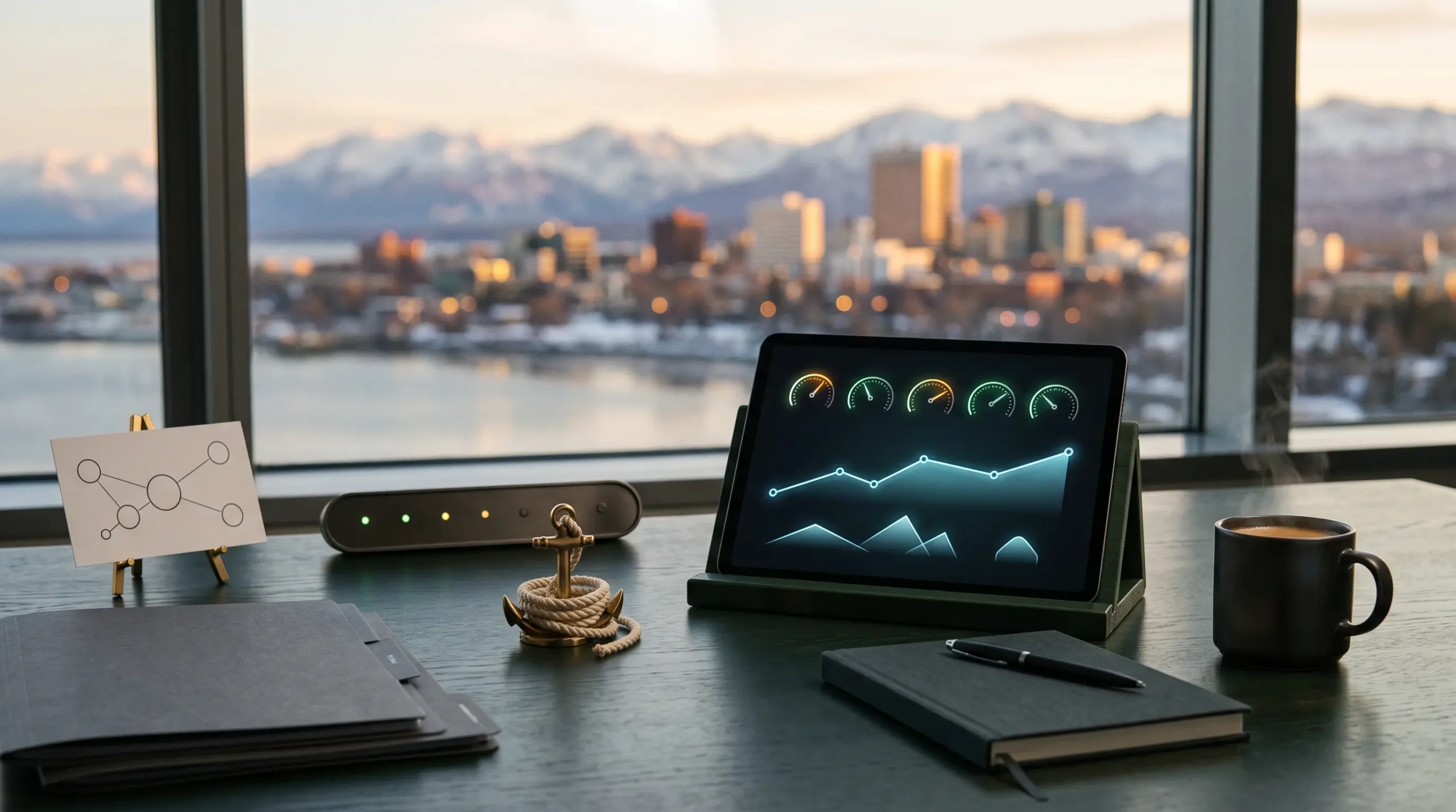 ai agency churn reduction strategies workspace with tablet interface and Anchorage Alaska mountain skyline