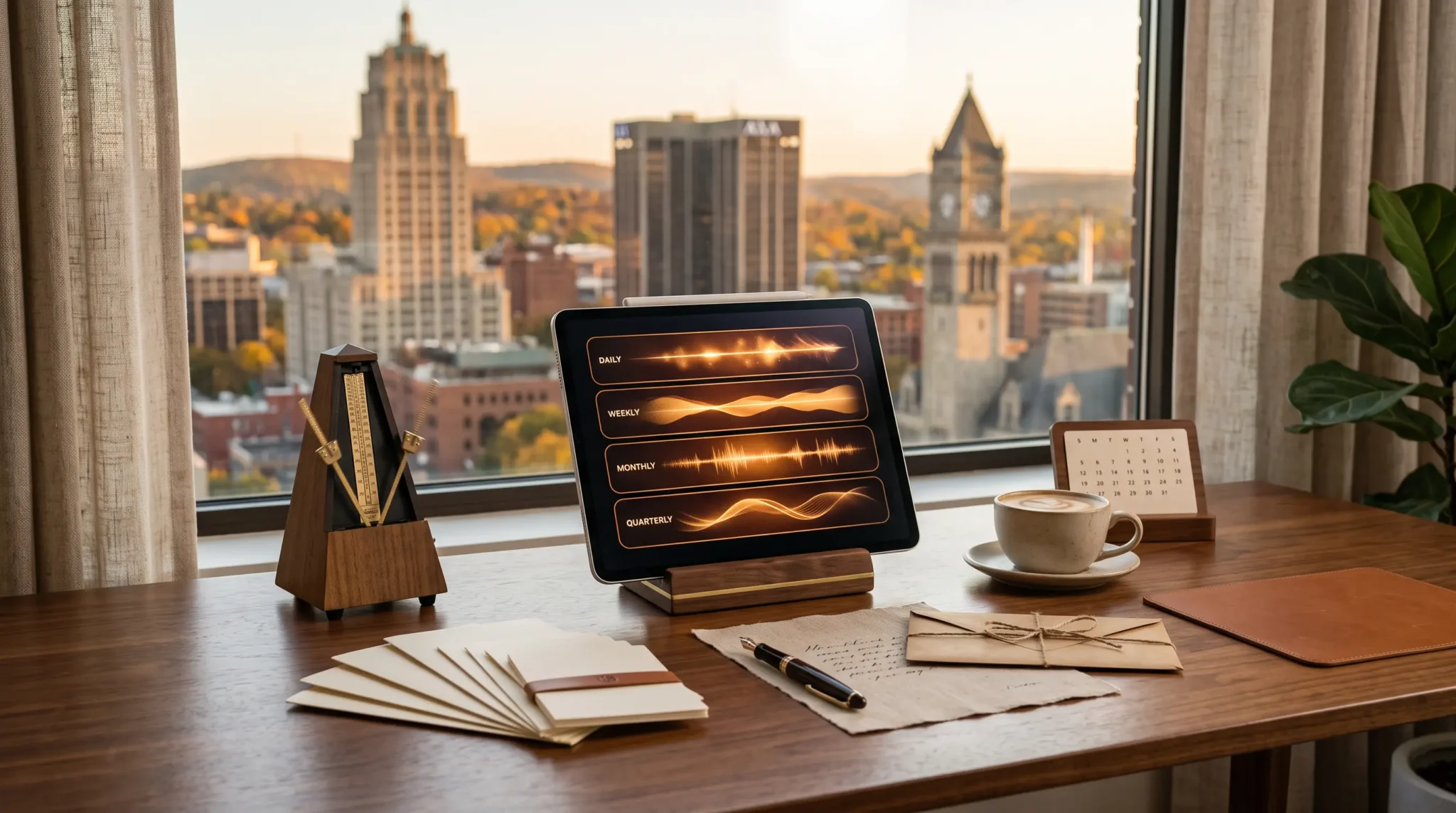 ai agency client communication cadence workspace with tablet interface and Syracuse New York skyline