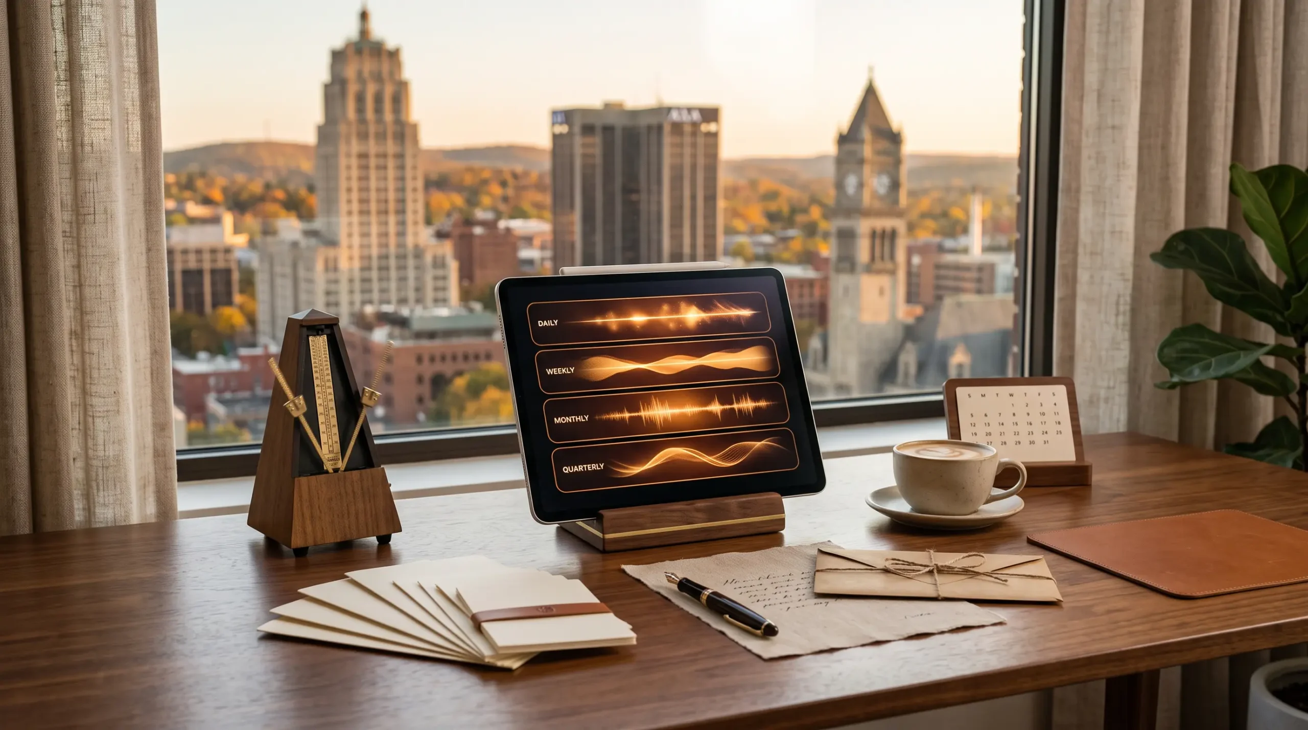 ai agency client communication cadence workspace with tablet interface and Syracuse New York skyline