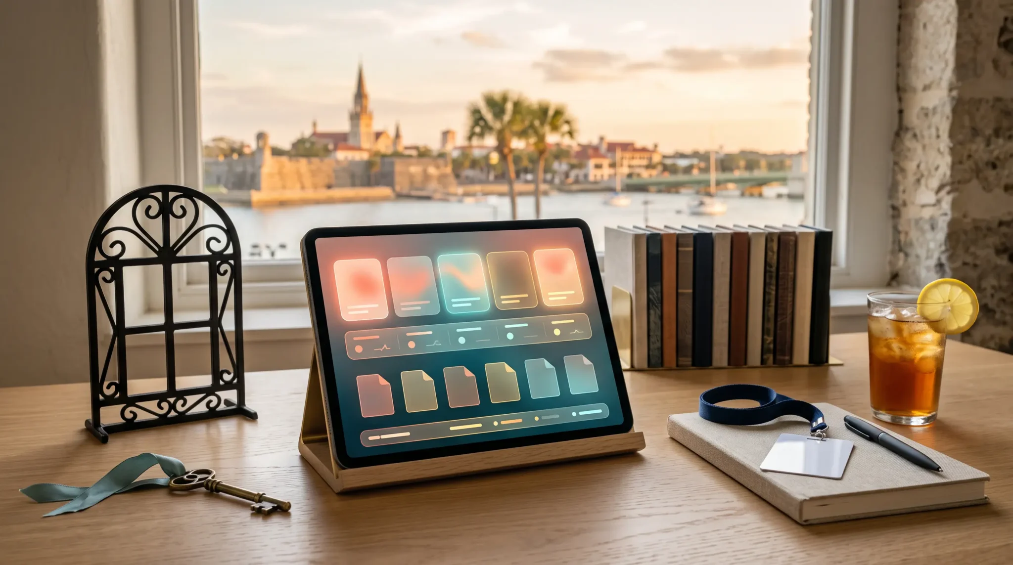 ai agency client portal setup workspace with tablet interface and St. Augustine Florida historic waterfront skyline