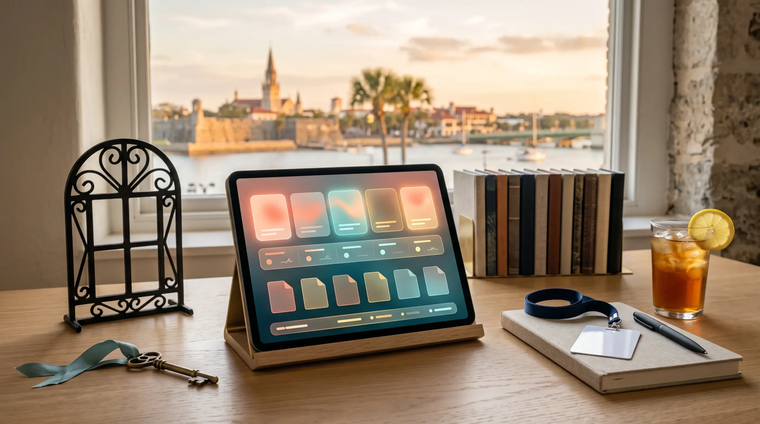 ai agency client portal setup workspace with tablet interface and St. Augustine Florida historic waterfront skyline
