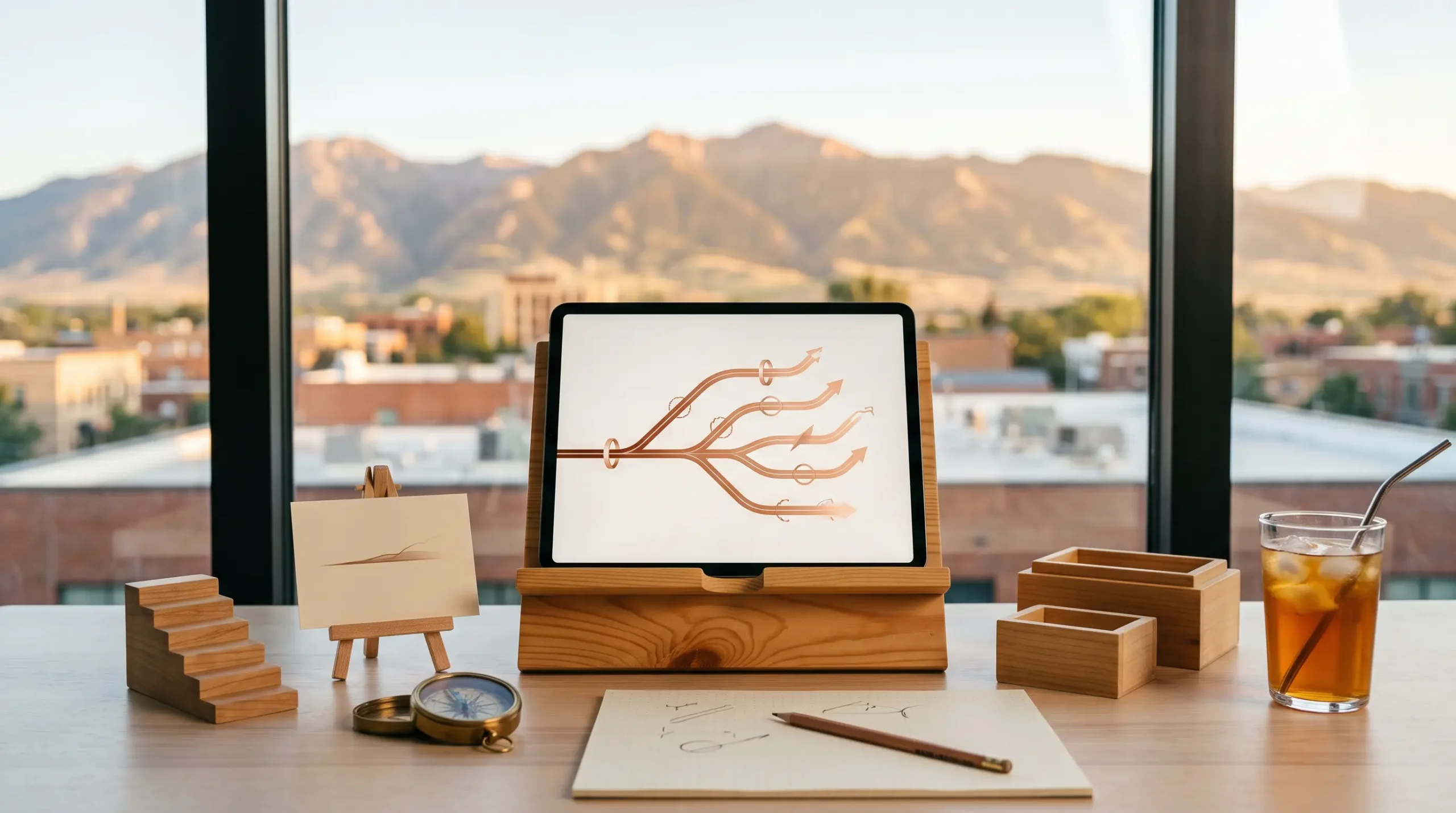 ai agency expansion revenue strategies workspace with tablet interface and Bozeman Montana mountain skyline