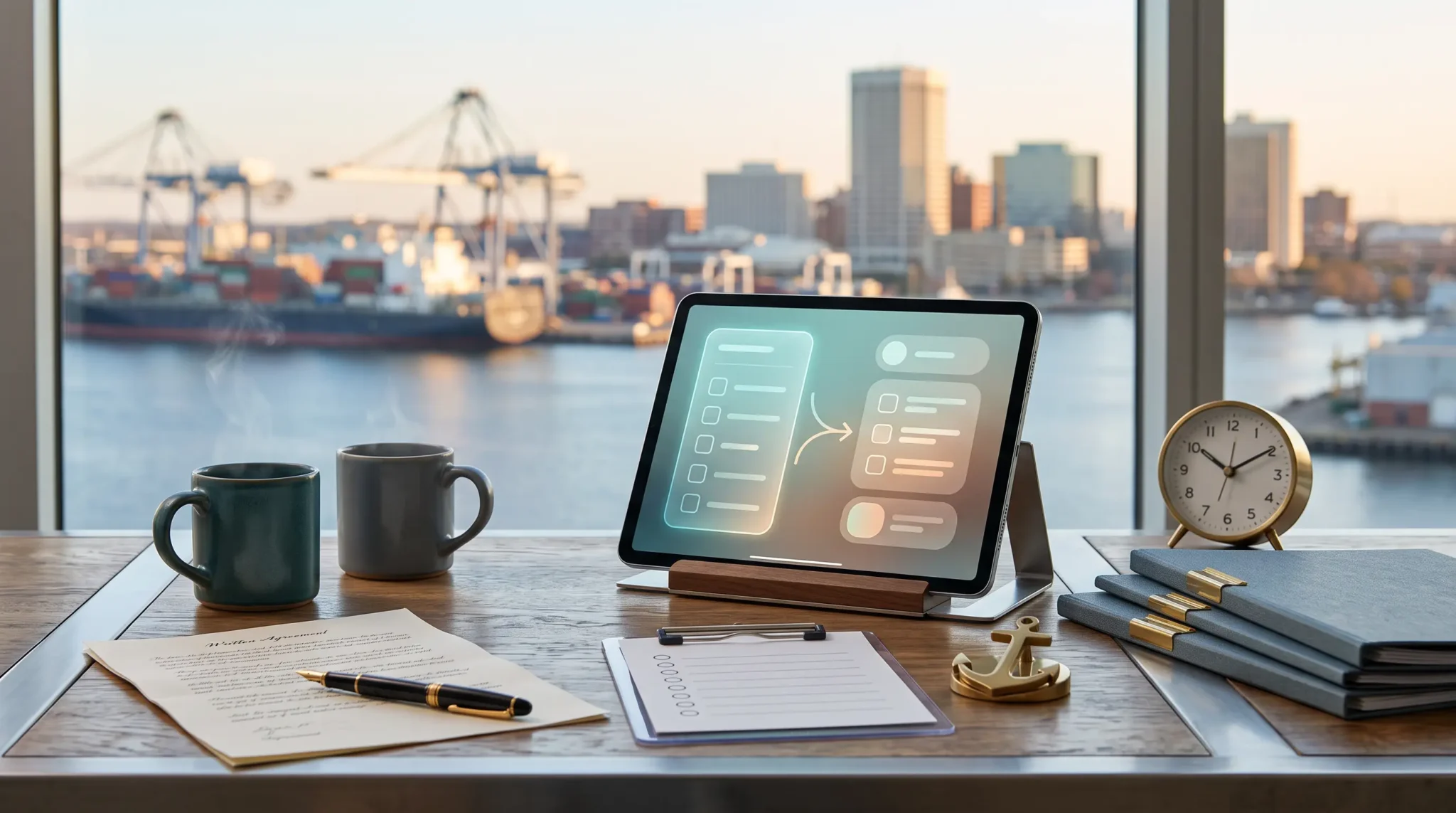 ai agency first contractor to hire workspace with tablet interface and Norfolk Virginia harbor skyline