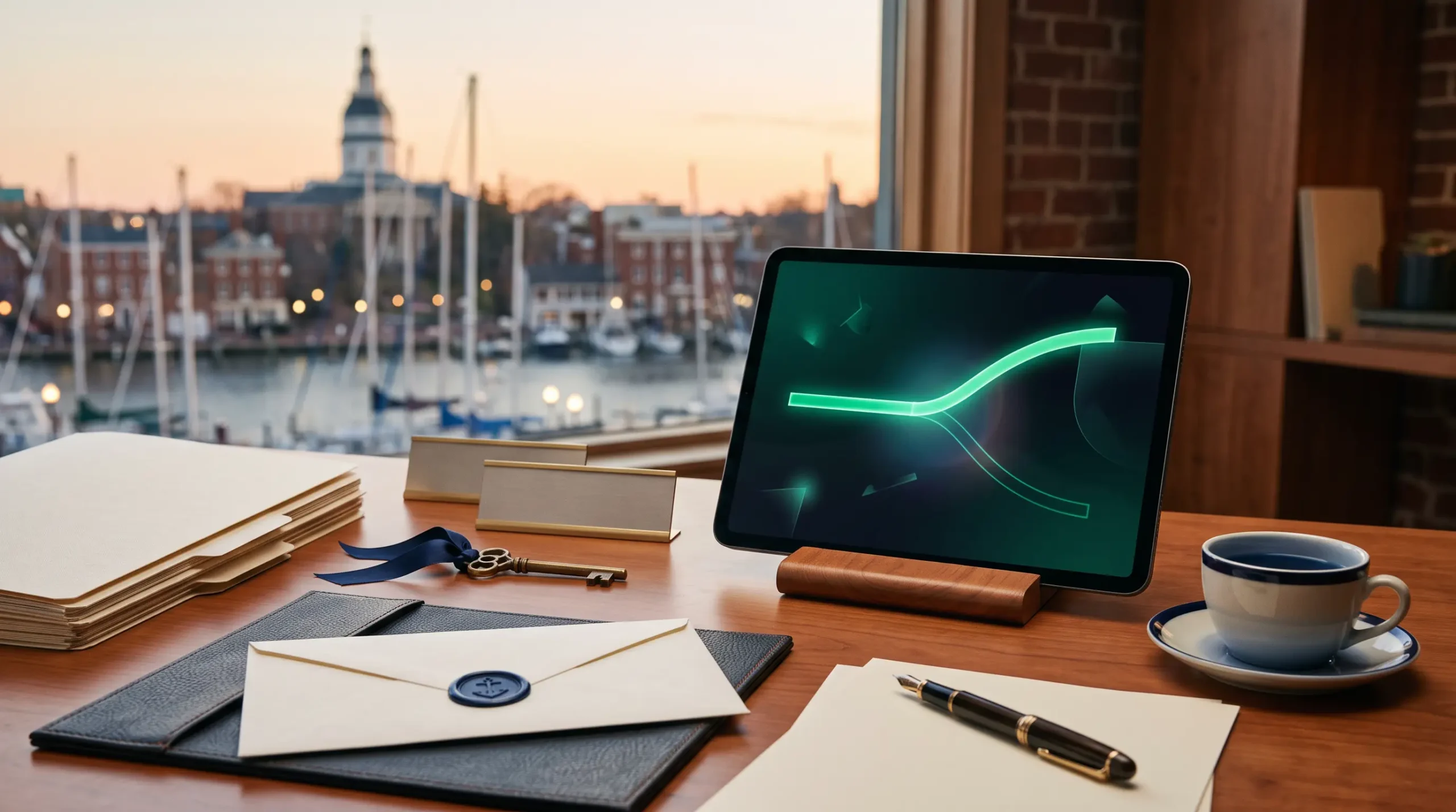 ai agency first full time hire workspace with tablet interface and Annapolis Maryland harbor skyline