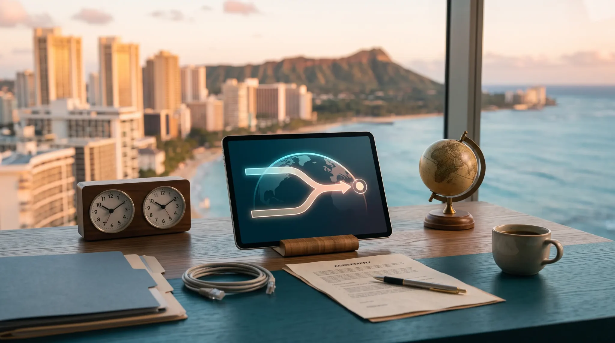 ai agency offshore vs onshore developers workspace with tablet interface and Honolulu Hawaii oceanfront skyline