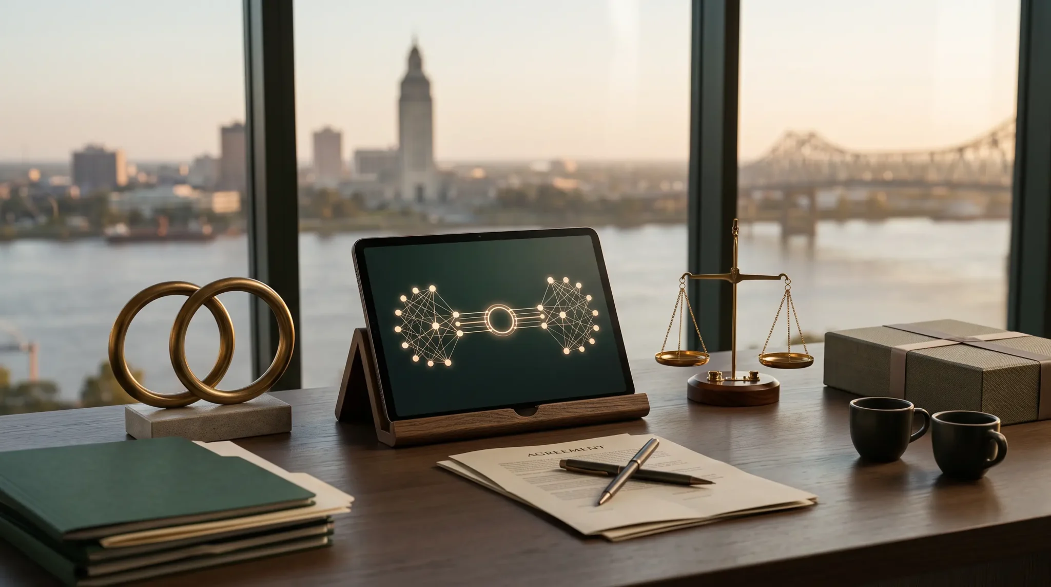 ai agency partnership program design workspace with tablet interface and Baton Rouge Louisiana river skyline