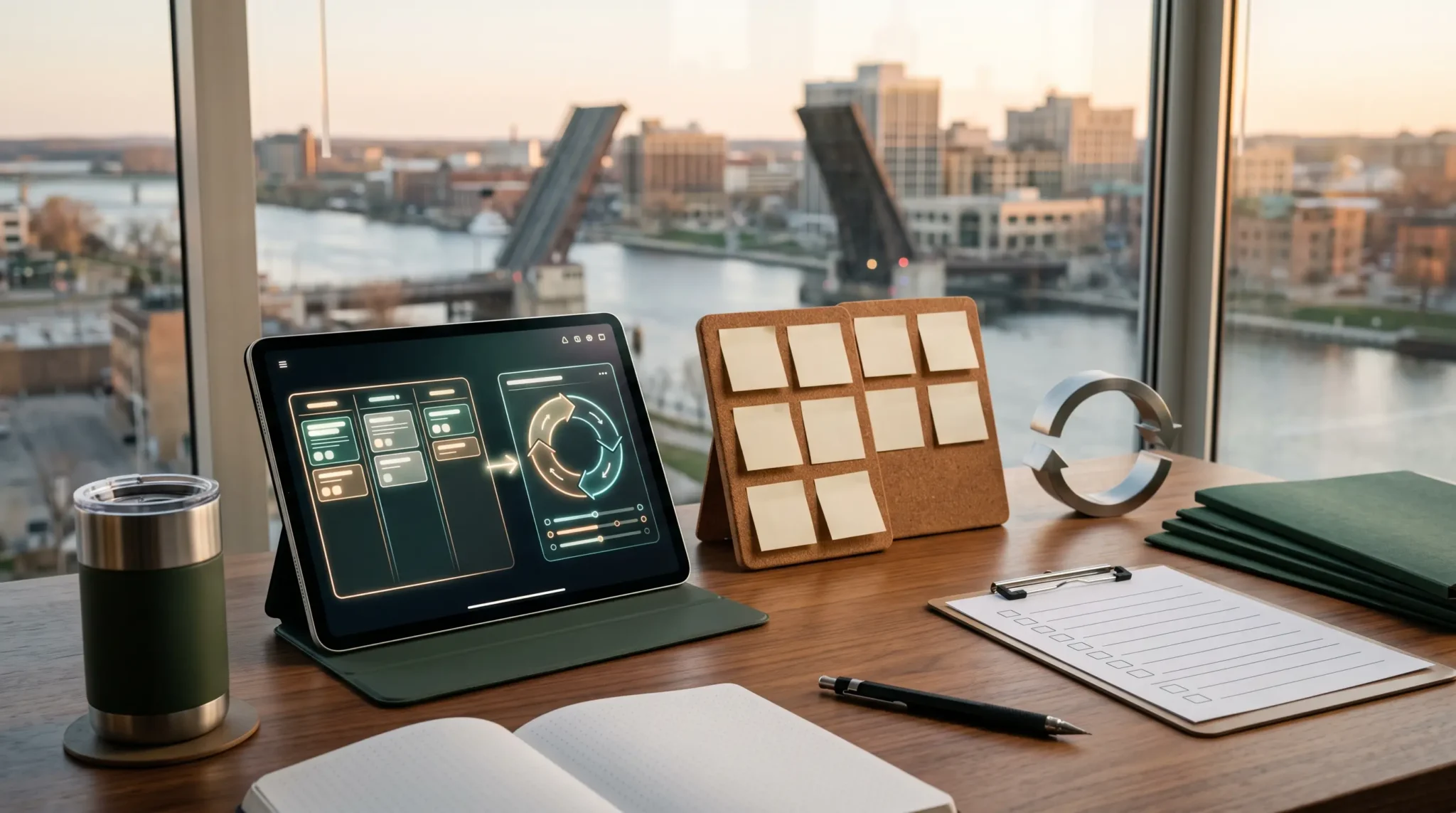 ai agency project management stack workspace with tablet interface and Green Bay Wisconsin river skyline