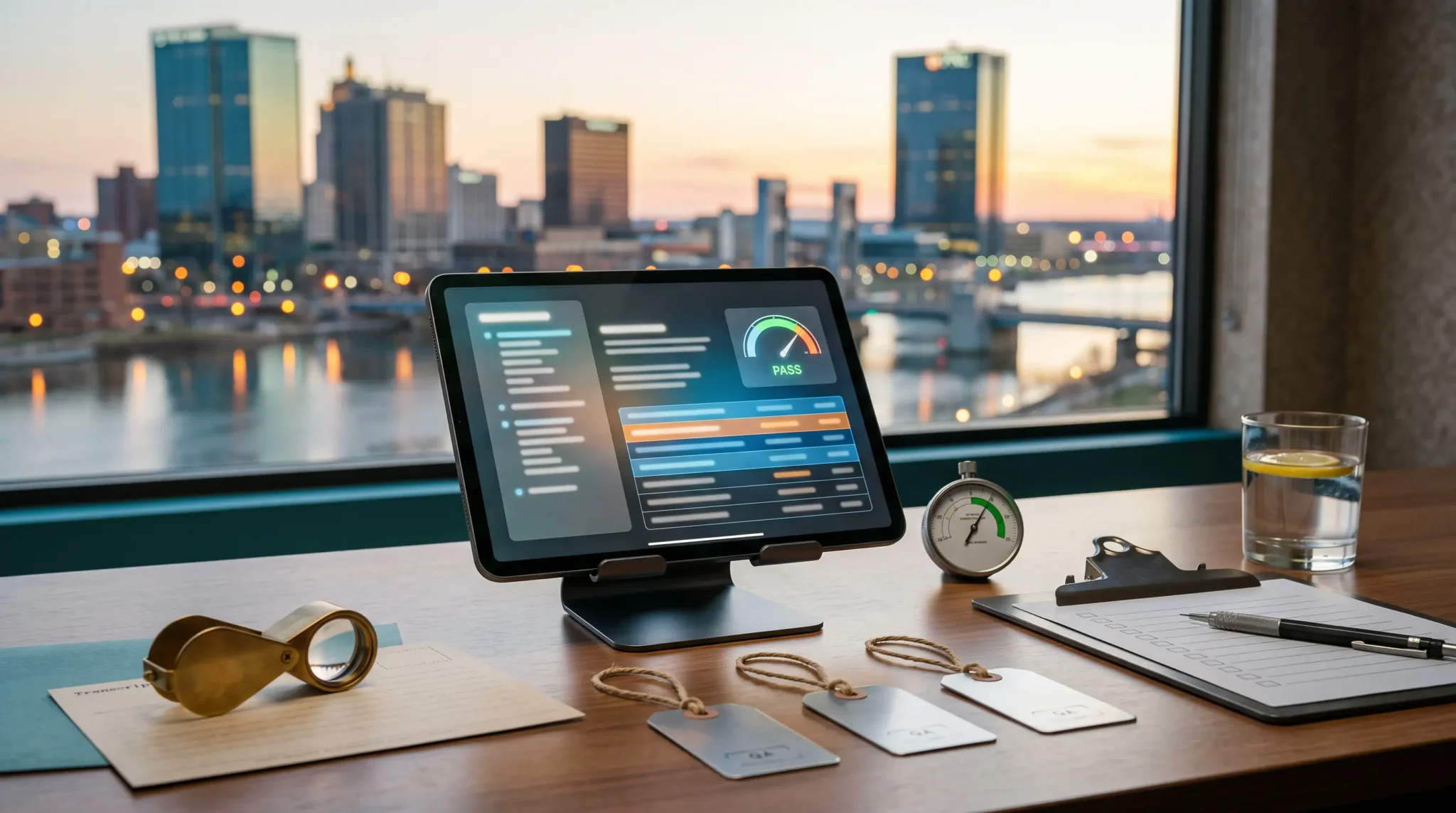ai agency quality assurance process workspace with tablet interface and Toledo Ohio glass-city river skyline