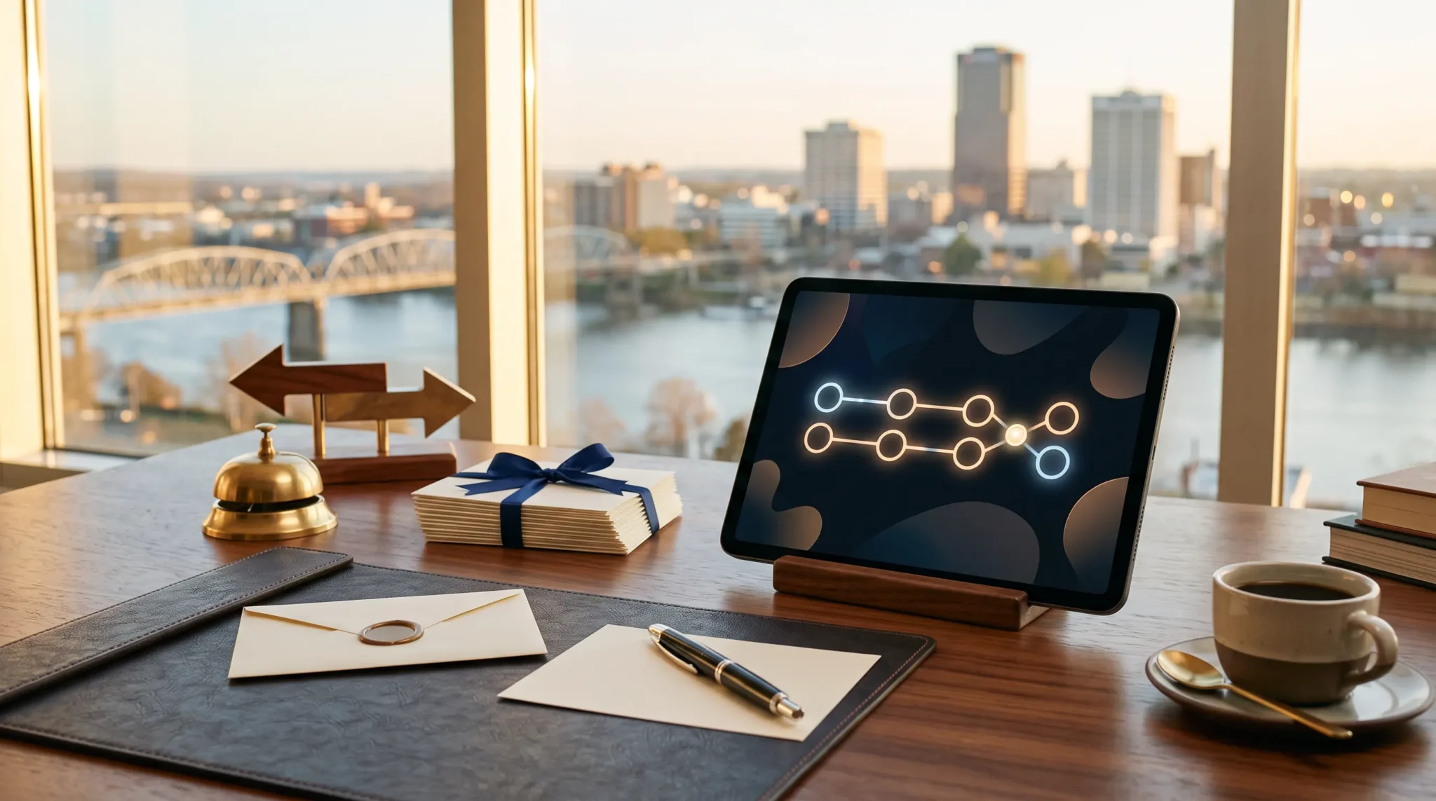 ai agency referral program design workspace with tablet interface and Little Rock Arkansas river skyline