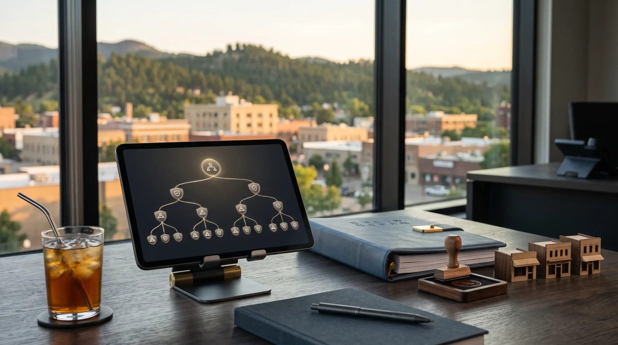 ai agency reseller program design workspace with tablet interface and Rapid City South Dakota hills skyline
