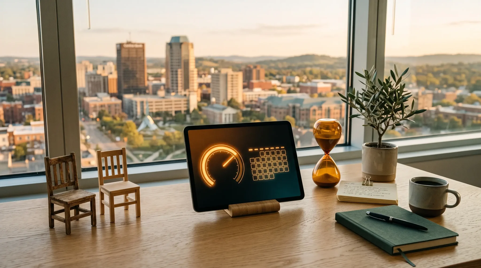 ai agency solo to first hire timeline workspace with tablet interface and Lexington Kentucky skyline