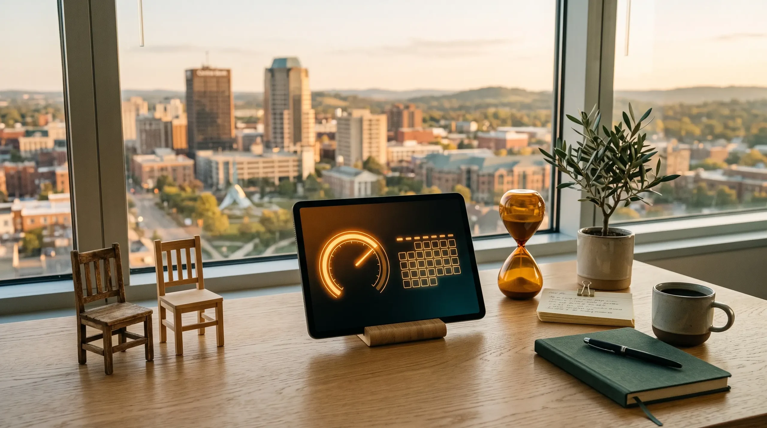 ai agency solo to first hire timeline workspace with tablet interface and Lexington Kentucky skyline