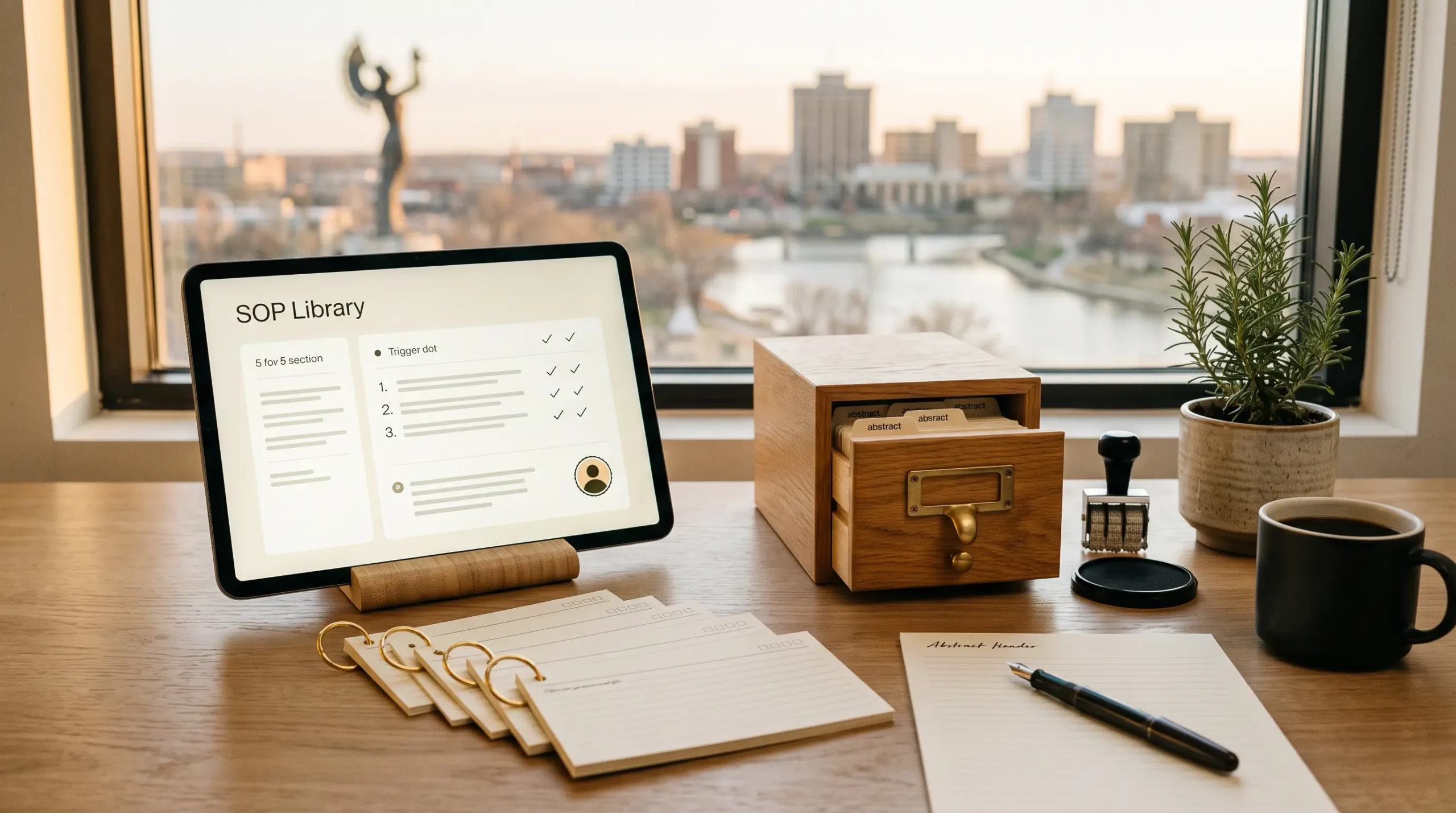 ai agency standard operating procedures workspace with tablet interface and Wichita Kansas river skyline