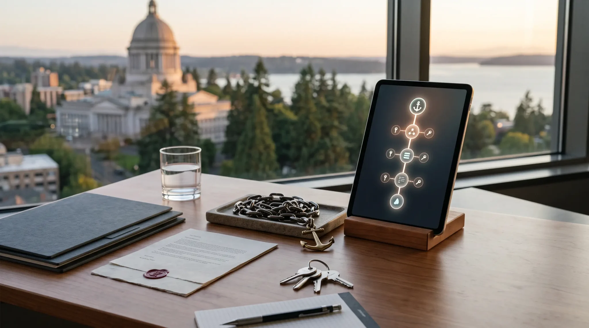 ai agency subcontracting safely workspace with tablet interface and Olympia Washington capitol skyline