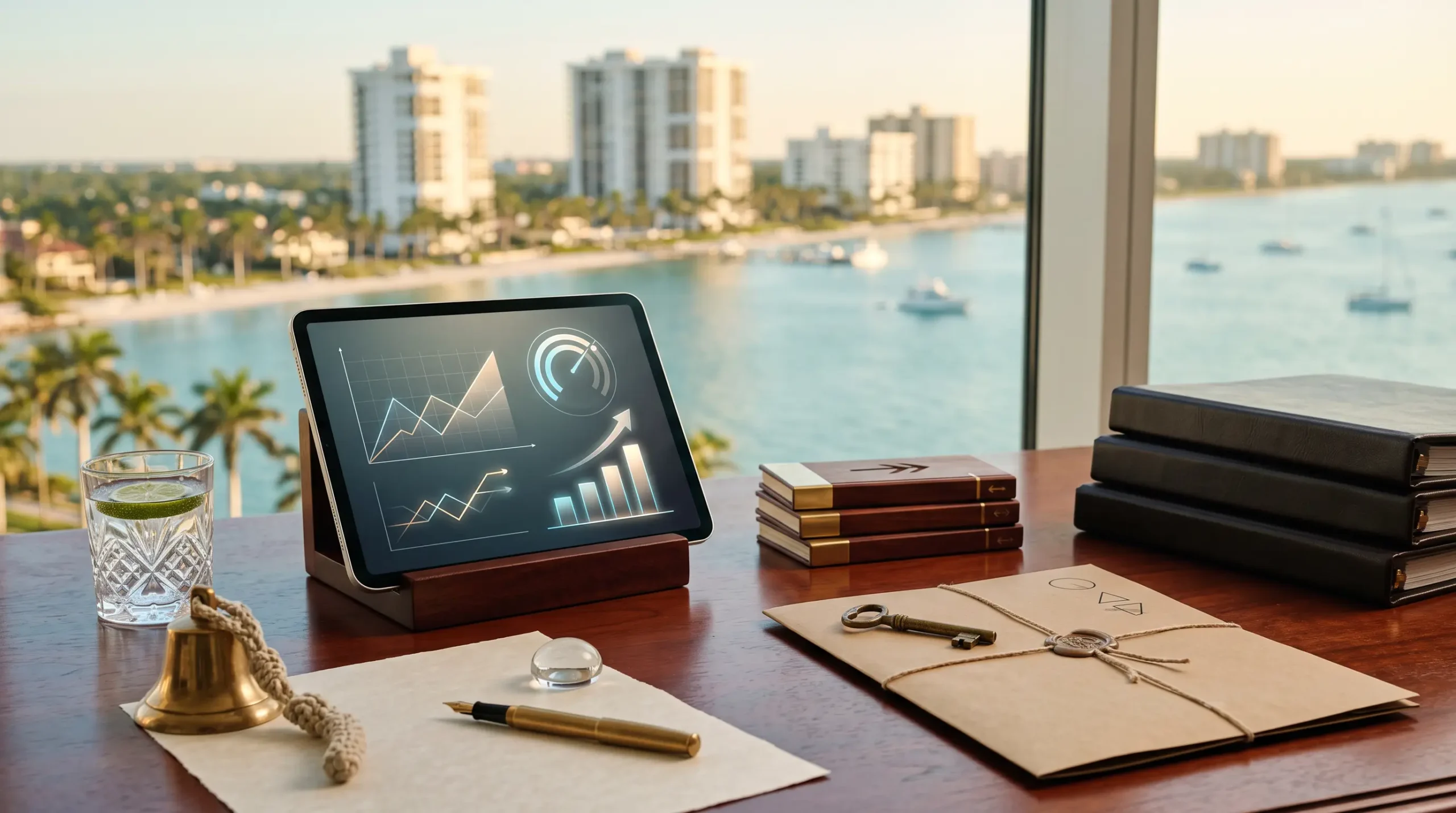 ai agency systemizing for sale workspace with tablet interface and Naples Florida gulf skyline
