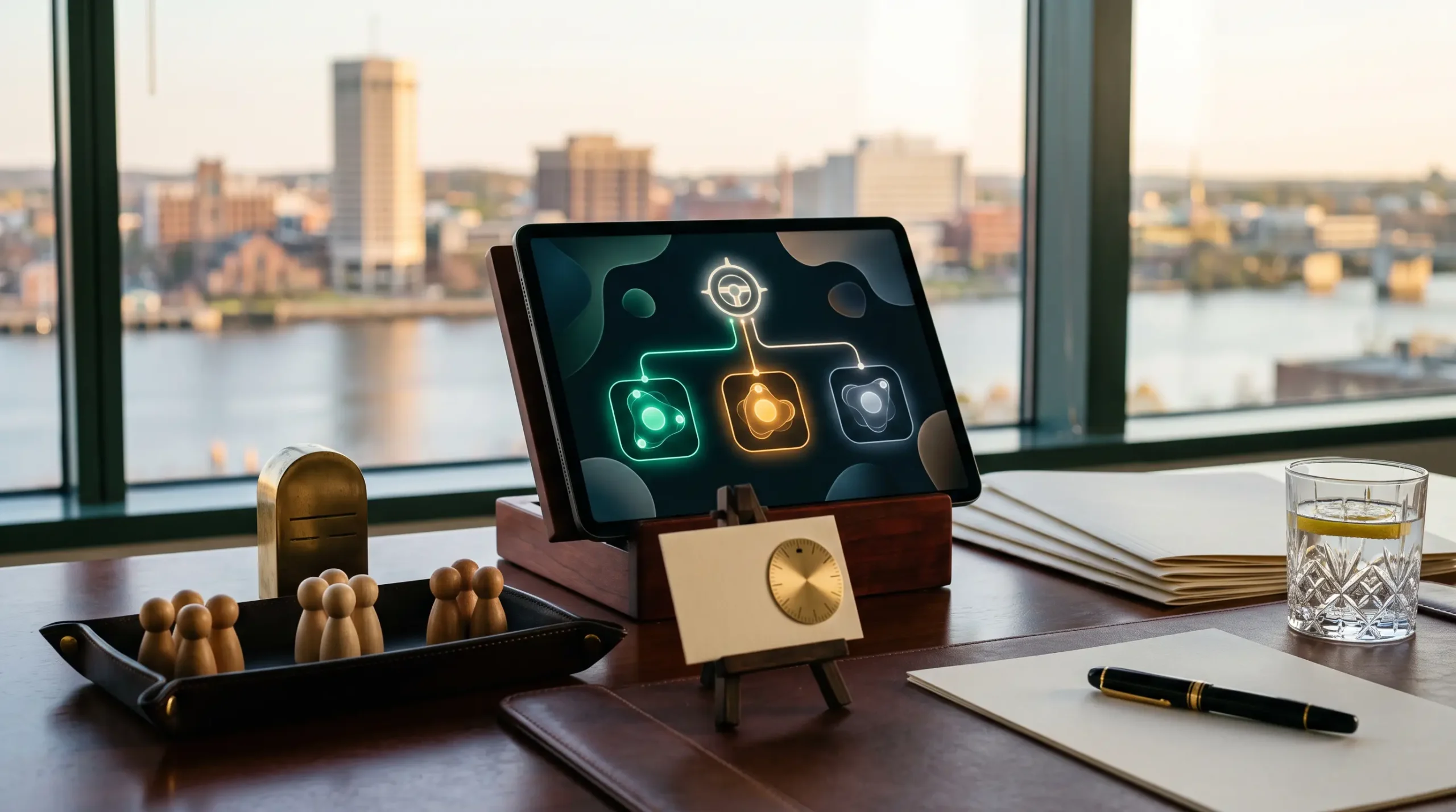 ai agency team structure at 1m revenue workspace with tablet interface and Wilmington Delaware riverfront skyline