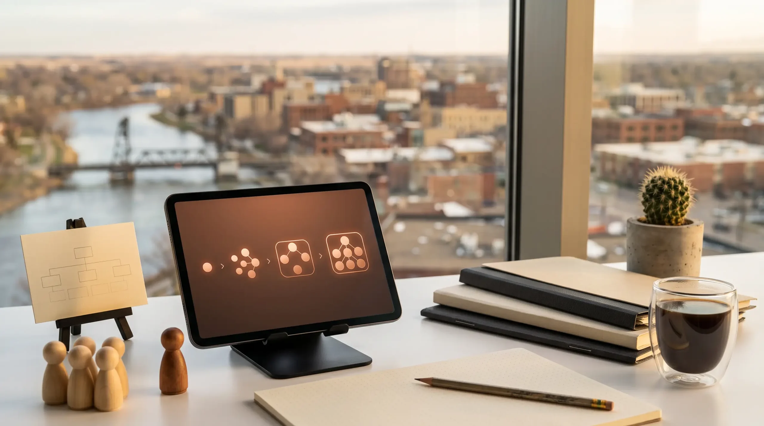 ai agency team structure under 1m revenue workspace with tablet interface and Fargo North Dakota river skyline