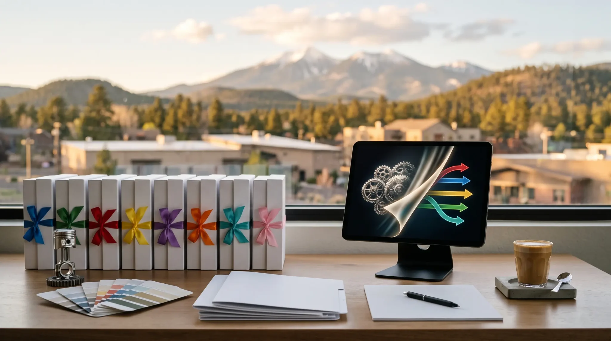 ai agency white label offerings workspace with tablet interface and Flagstaff Arizona pine-mountain skyline