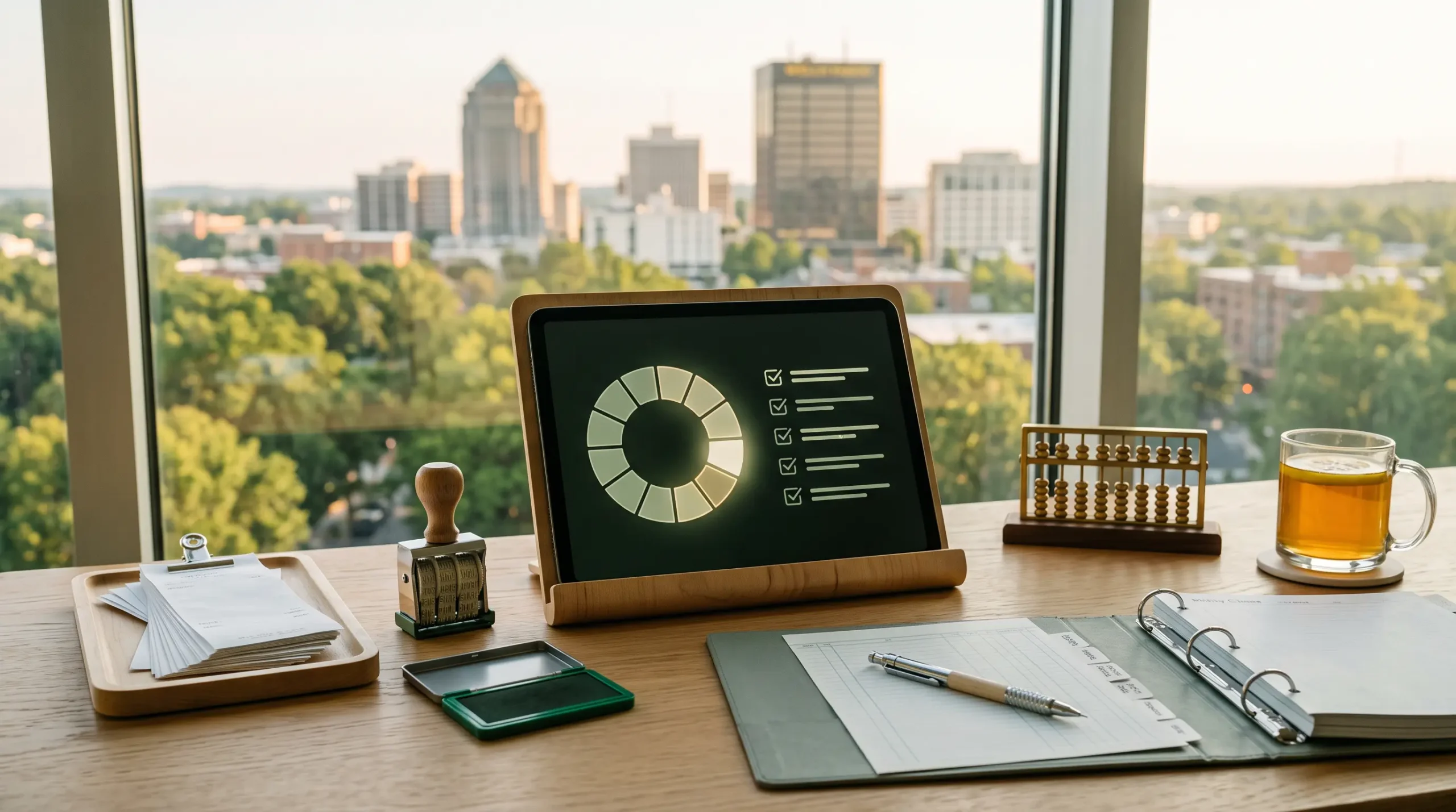 ai implementation for bookkeepers workspace with tablet interface and Greensboro North Carolina skyline