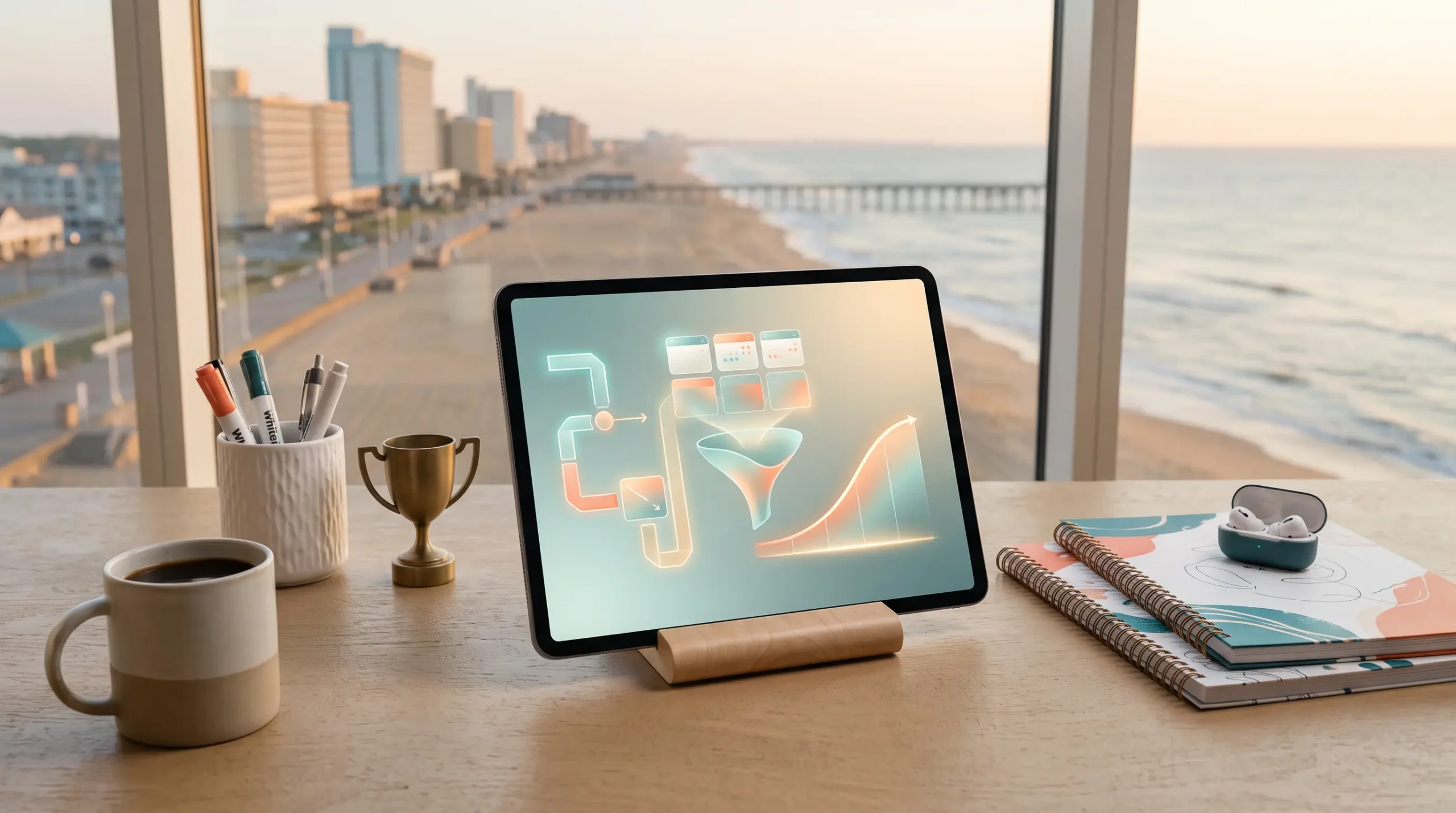ai implementation for business coaches workspace with tablet pipeline interface and Virginia Beach Virginia oceanfront skyline
