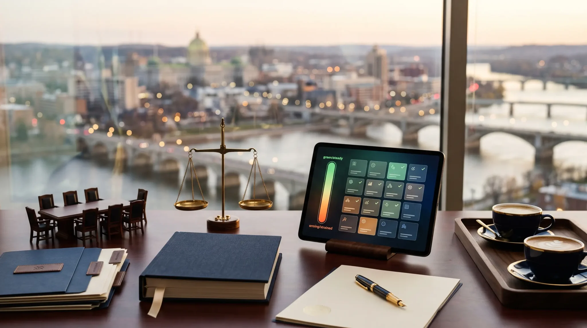 ai implementation for cpa firms workspace with tablet interface and Harrisburg Pennsylvania river skyline