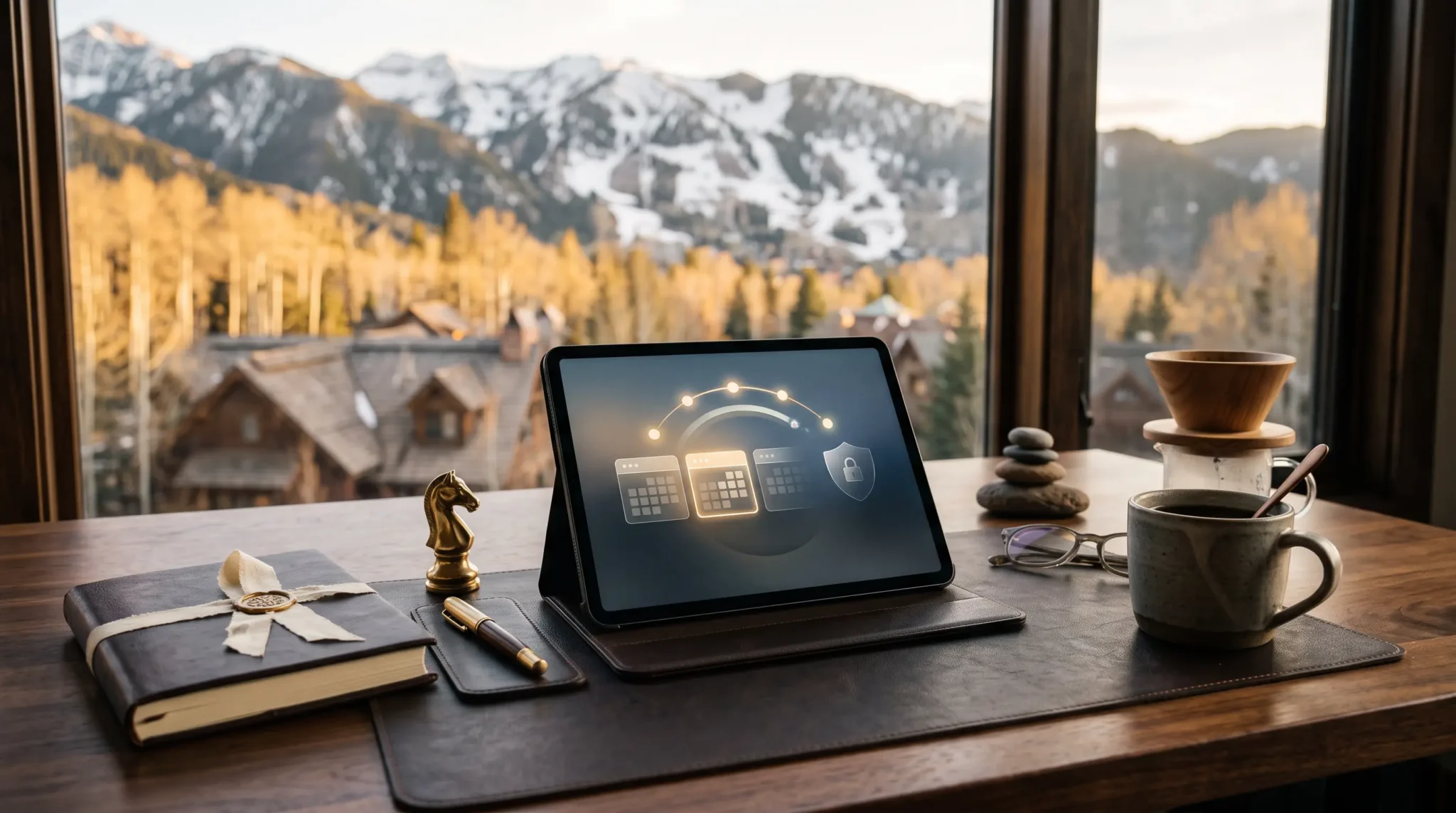 ai implementation for executive coaches workspace with tablet session-calendar interface and Aspen Colorado mountain skyline"