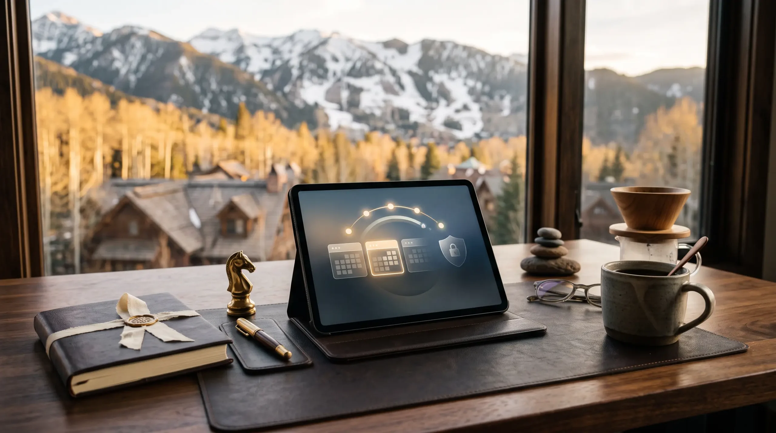 ai implementation for executive coaches workspace with tablet session-calendar interface and Aspen Colorado mountain skyline"