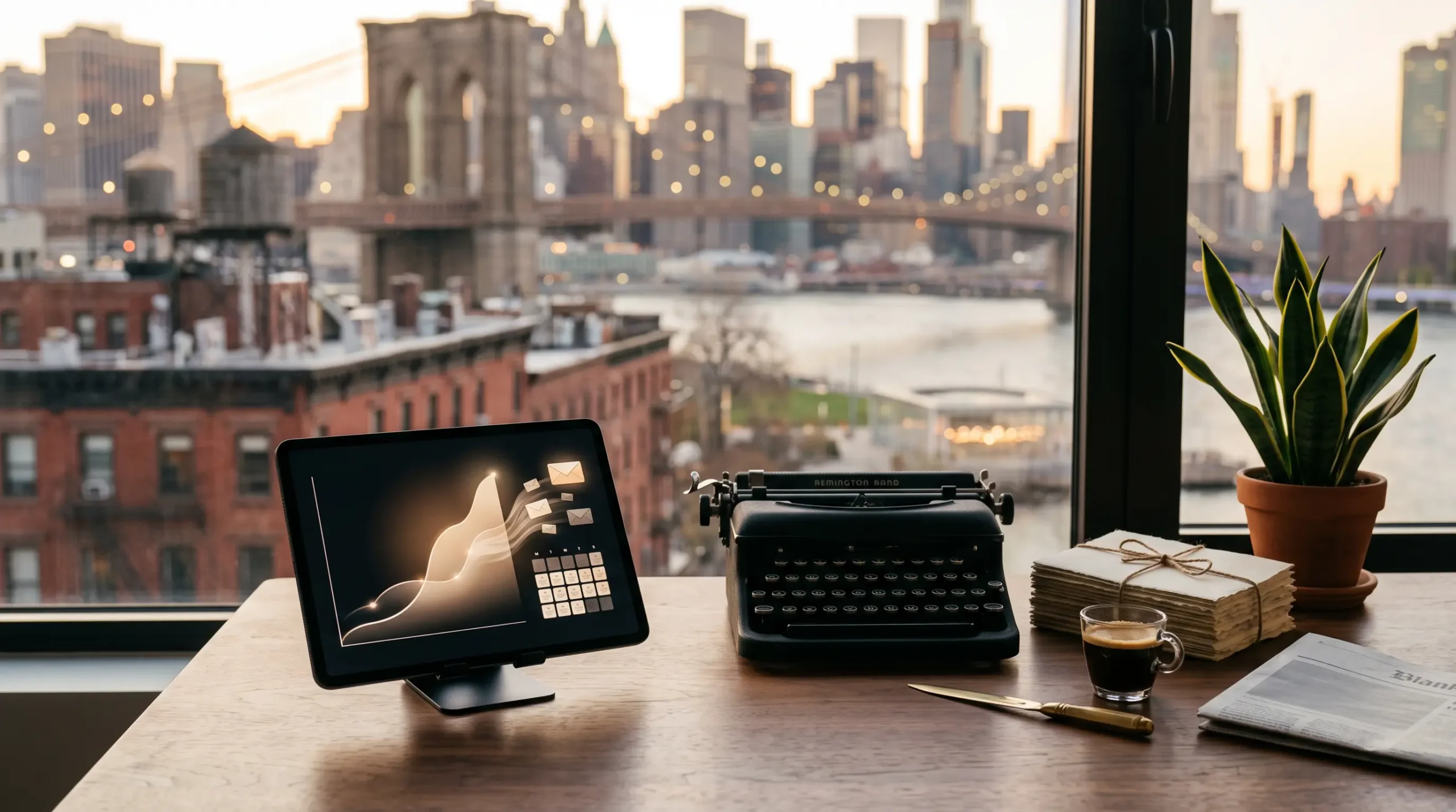 ai implementation for newsletter operators workspace with tablet subscriber-growth interface and Brooklyn New York brownstone-and-bridge skyline